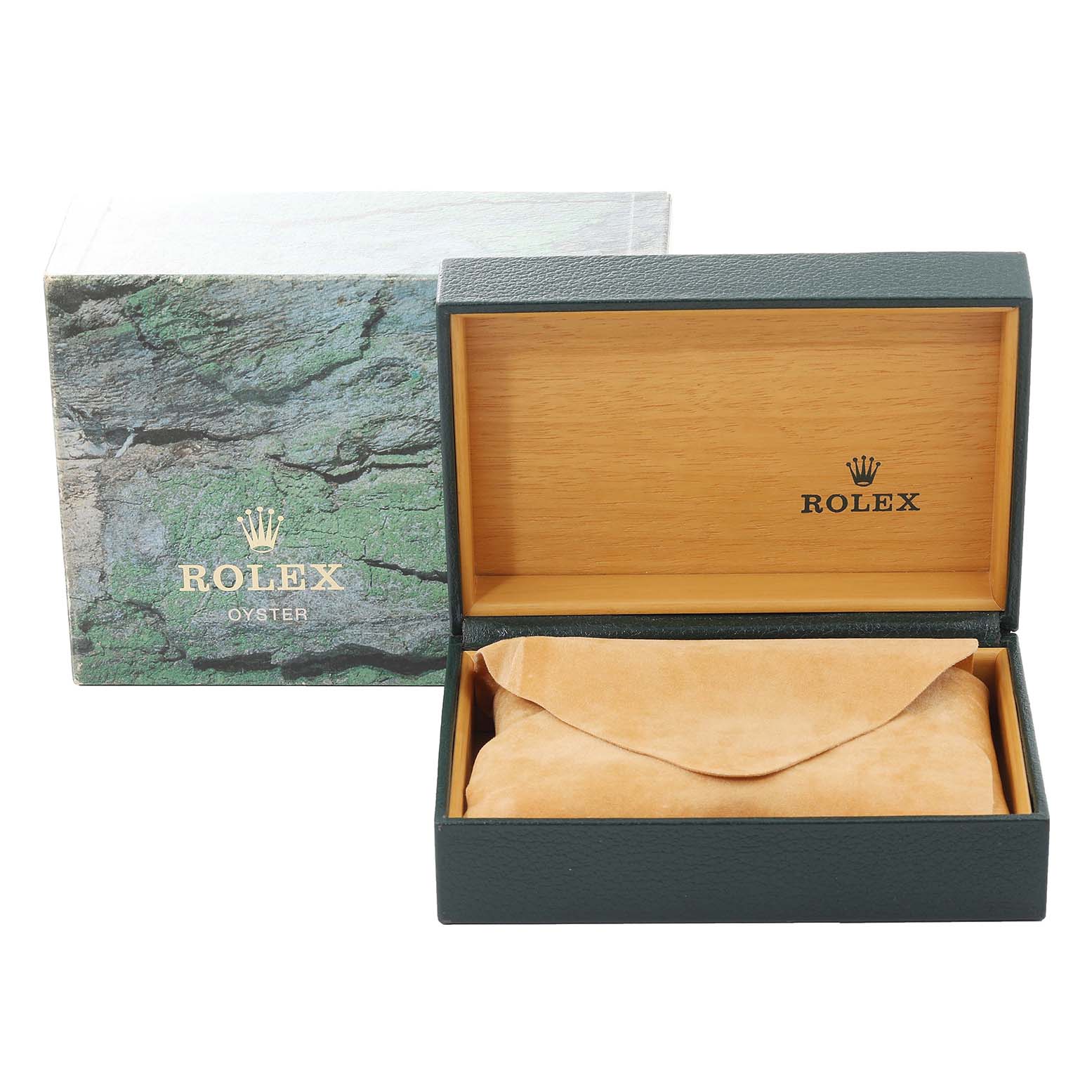 This image shows a Rolex Datejust 16233 Men's Steel and Gold (two tone) Blue Dial 16233 Men's Steel and Gold (two tone) Blue Dial box and pouch, featuring the brand's logo on the inside of the box and the outer packaging.