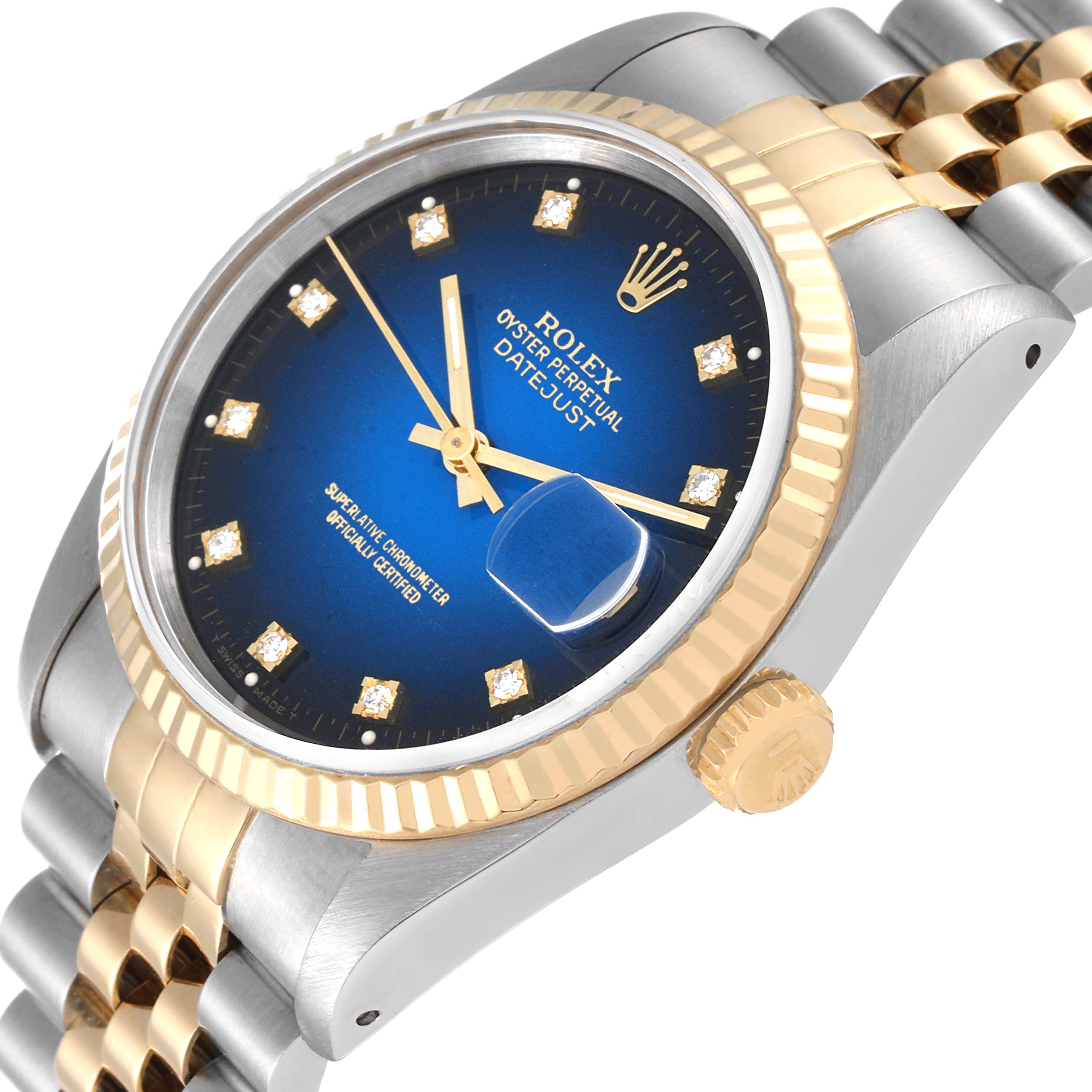 The image shows a close-up view of a Rolex Datejust 16233 Men's Steel and Gold (two tone) Blue Dial 16233 Men's Steel and Gold (two tone) Blue Dial watch, highlighting its blue dial, gold bezel, gold crown, and two-tone bracelet.
