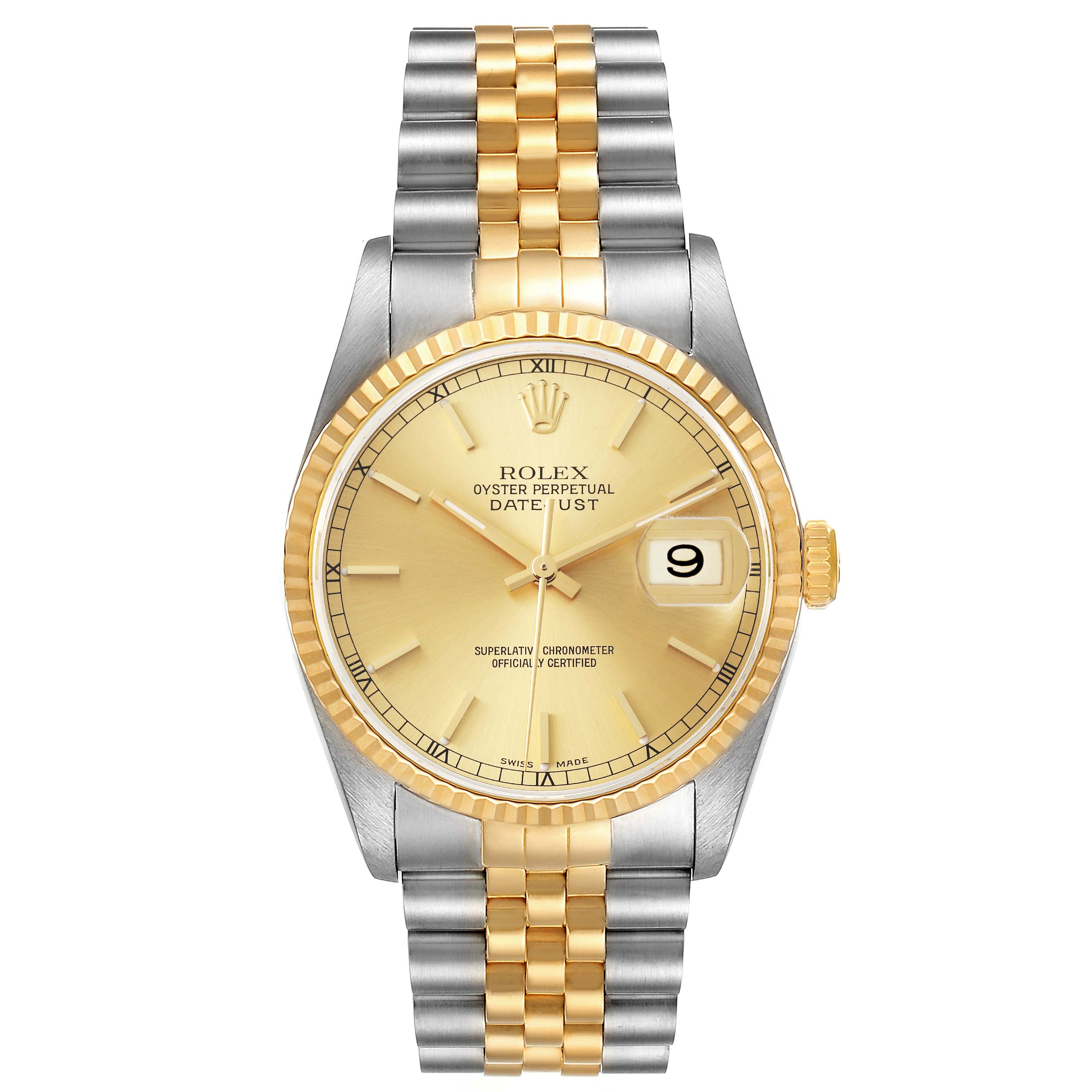 This image shows a front view of a Rolex Datejust 16233 Men's Steel and Gold (two tone) Champagne Dial 16233 Men's Steel and Gold (two tone) Champagne Dial watch, displaying the dial, bezel, and jubilee bracelet.