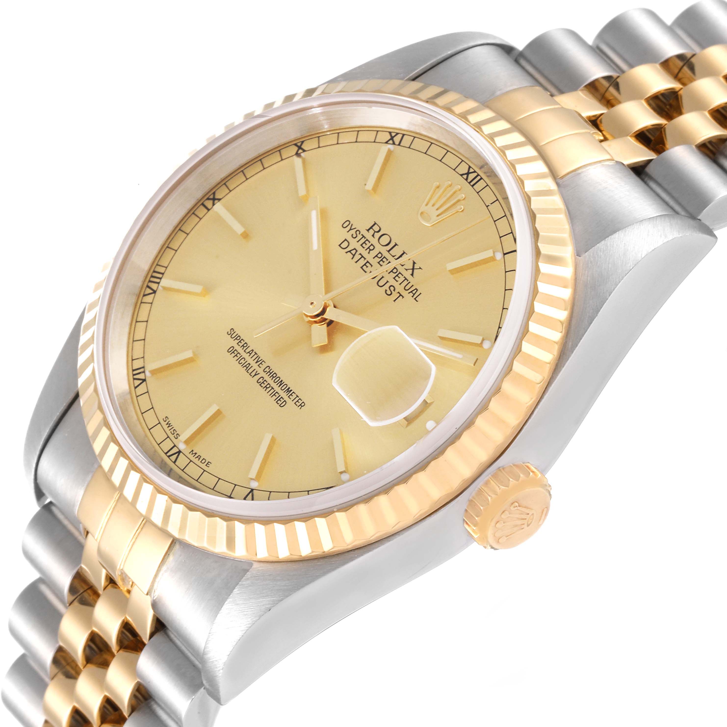 The Rolex Datejust 16233 Men's Steel and Gold (two tone) Champagne Dial 16233 Men's Steel and Gold (two tone) Champagne Dial watch is shown at an angle, displaying the face, bezel, crown, and part of the bracelet.