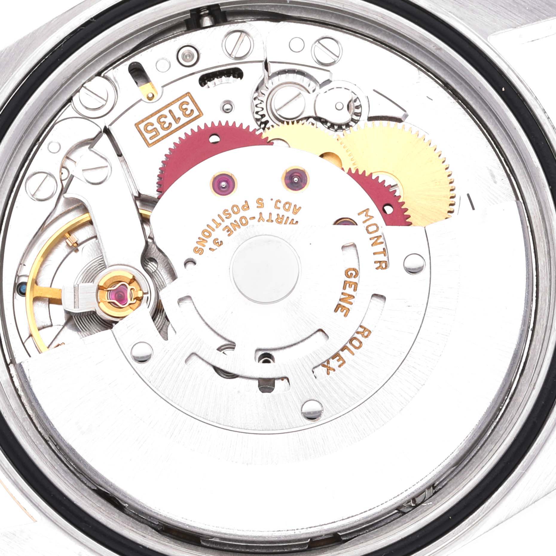 This image shows the movement mechanism of a Rolex Datejust 16233 Men's Steel and Gold (two tone) Champagne Dial 16233 Men's Steel and Gold (two tone) Champagne Dial watch, viewed from the back.