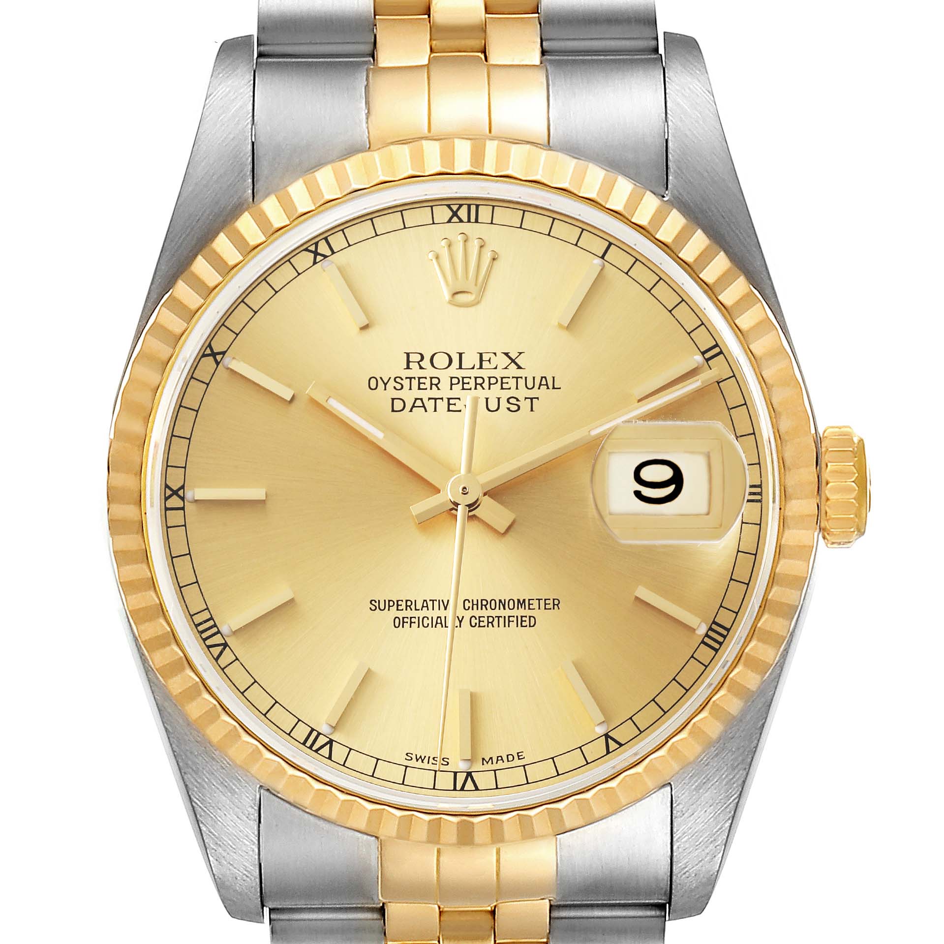 The image shows a front view of the Rolex Datejust 16233 Men's Steel and Gold (two tone) Champagne Dial 16233 Men's Steel and Gold (two tone) Champagne Dial watch, featuring its dial, bezel, and part of its bracelet.