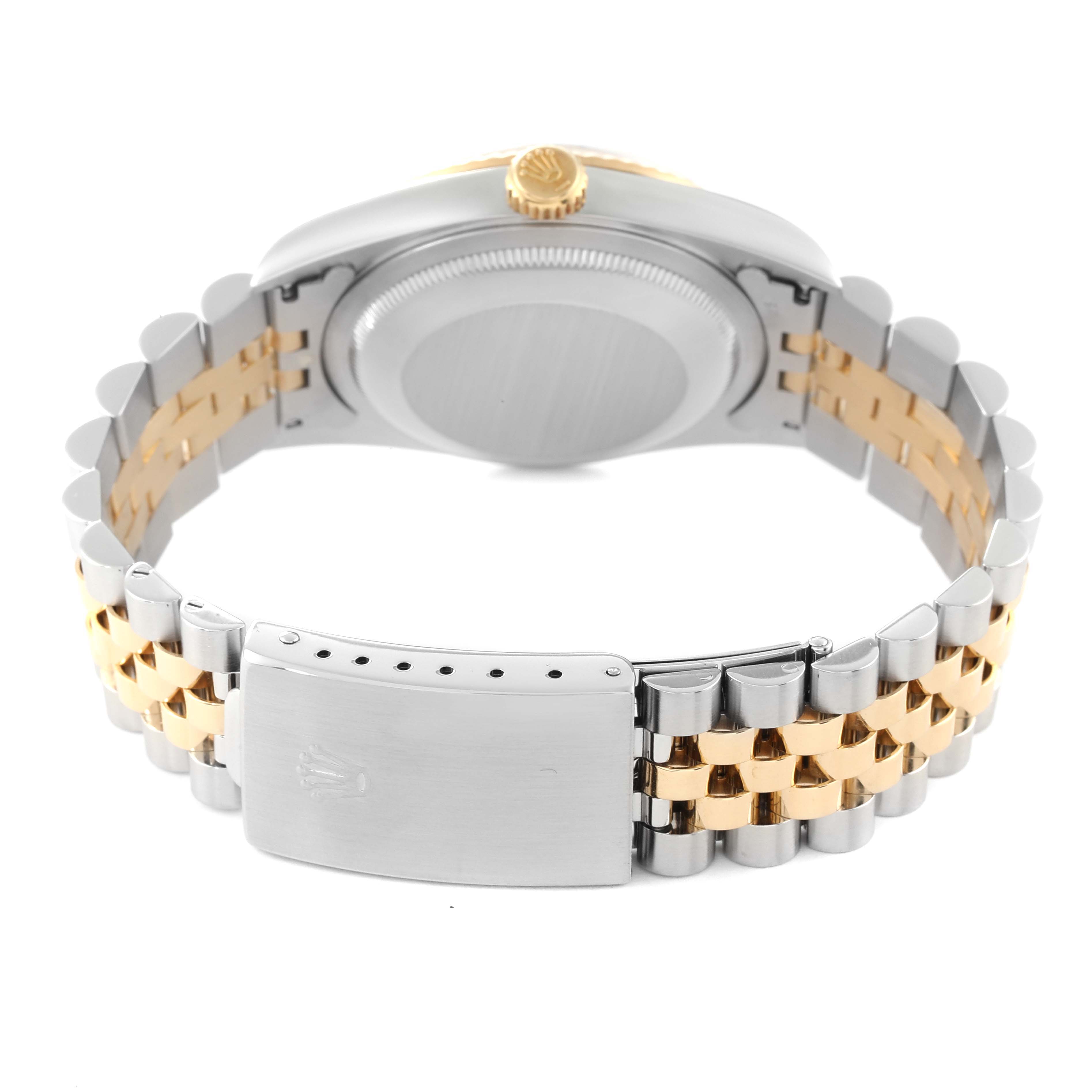 The image shows the back view of a Rolex Datejust 16233 Men's Steel and Gold (two tone) Champagne Dial 16233 Men's Steel and Gold (two tone) Champagne Dial watch, focusing on its two-tone bracelet and clasp.