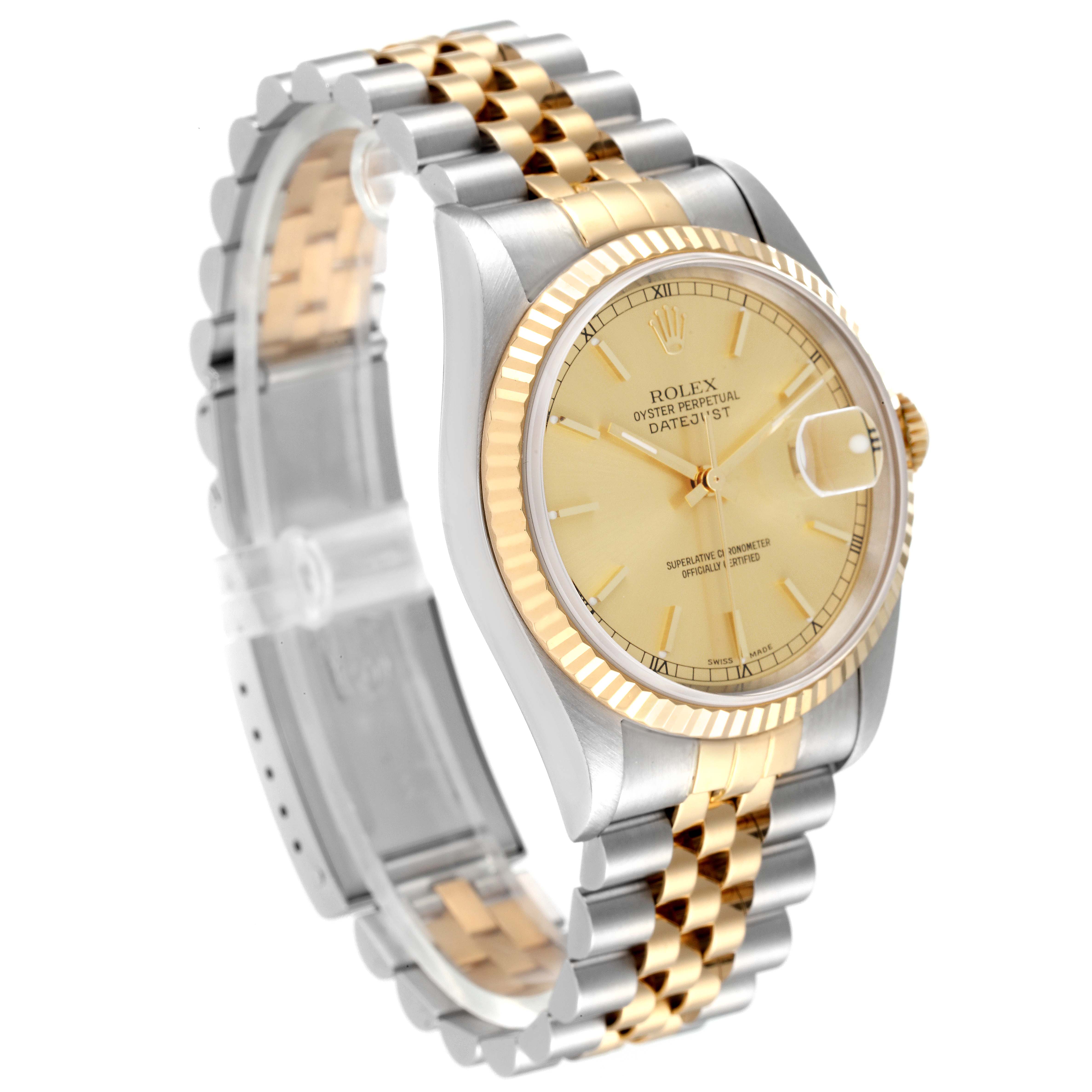 The image shows a Rolex Datejust 16233 Men's Steel and Gold (two tone) Champagne Dial 16233 Men's Steel and Gold (two tone) Champagne Dial watch at a slight side angle emphasizing its two-tone bracelet and the dial.