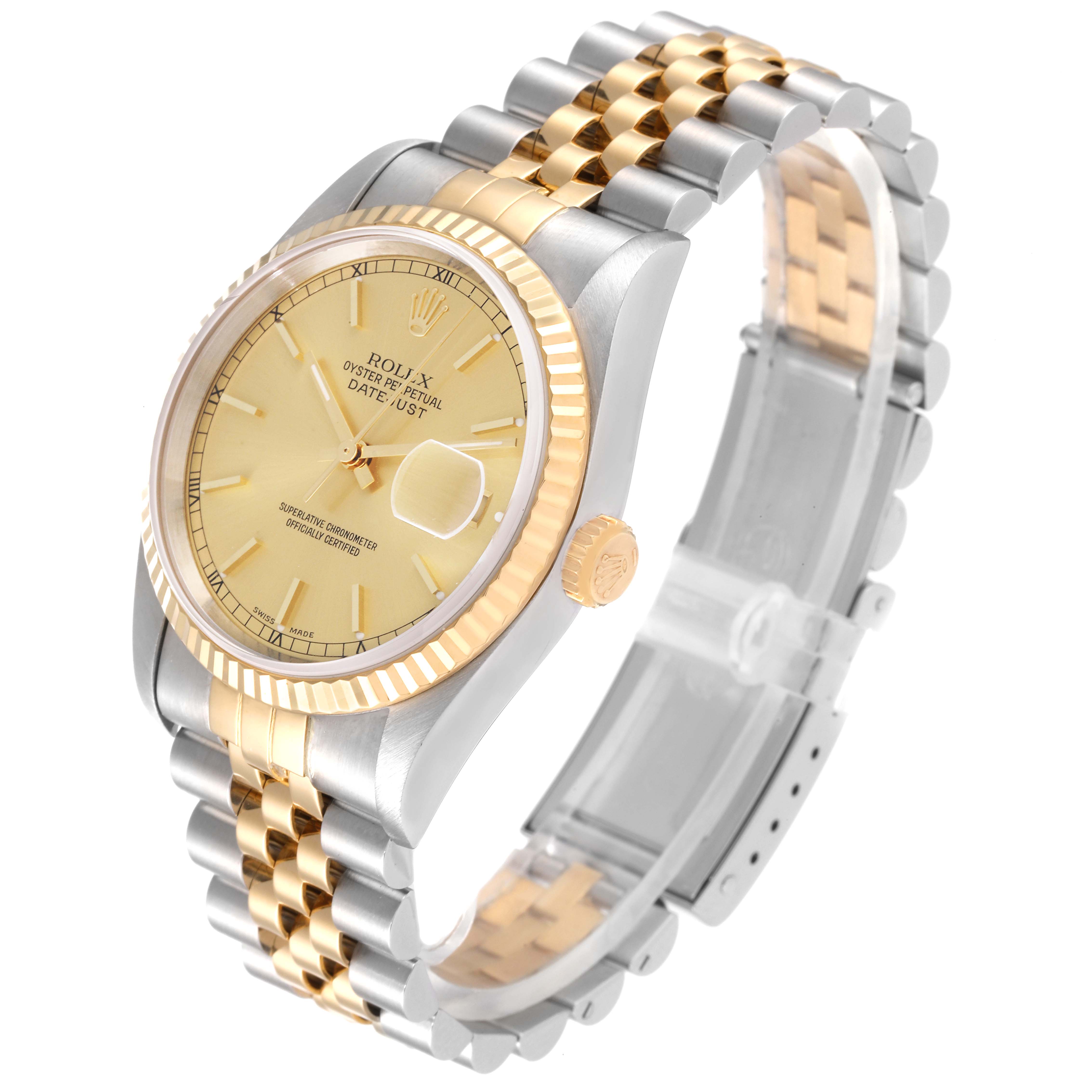 This image shows a Rolex Datejust 16233 Men's Steel and Gold (two tone) Champagne Dial 16233 Men's Steel and Gold (two tone) Champagne Dial watch at a three-quarter angle, displaying its face, bezel, crown, and two-tone bracelet.