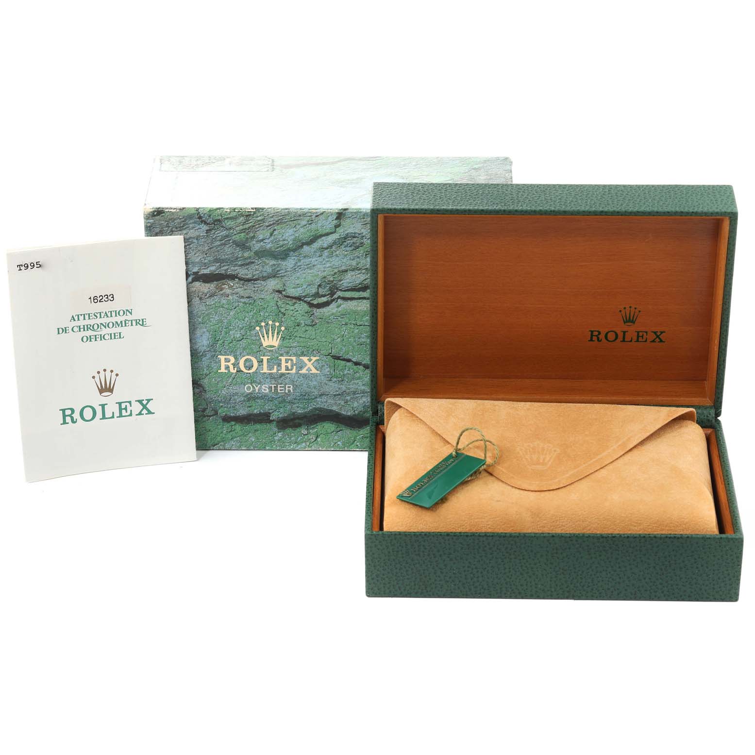 The image shows a Rolex Datejust 16233 Men's Steel and Gold (two tone) Champagne Dial 16233 Men's Steel and Gold (two tone) Champagne Dial box, booklet, and watch pouch with a tag, viewed from the front.