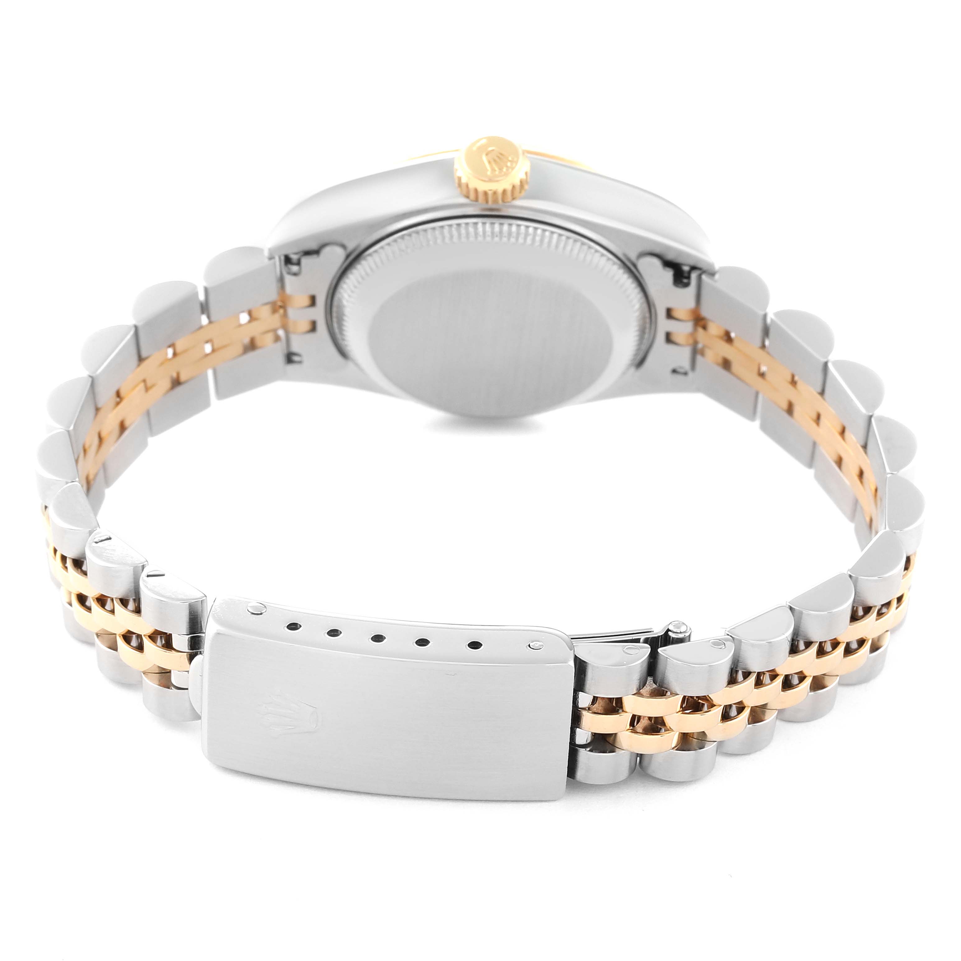 The image shows the back view of a Rolex Datejust 69173 Women's Steel and Gold (two tone) Champagne Dial 69173 Women's Steel and Gold (two tone) Champagne Dial watch, highlighting its case, crown, and bicolor bracelet.