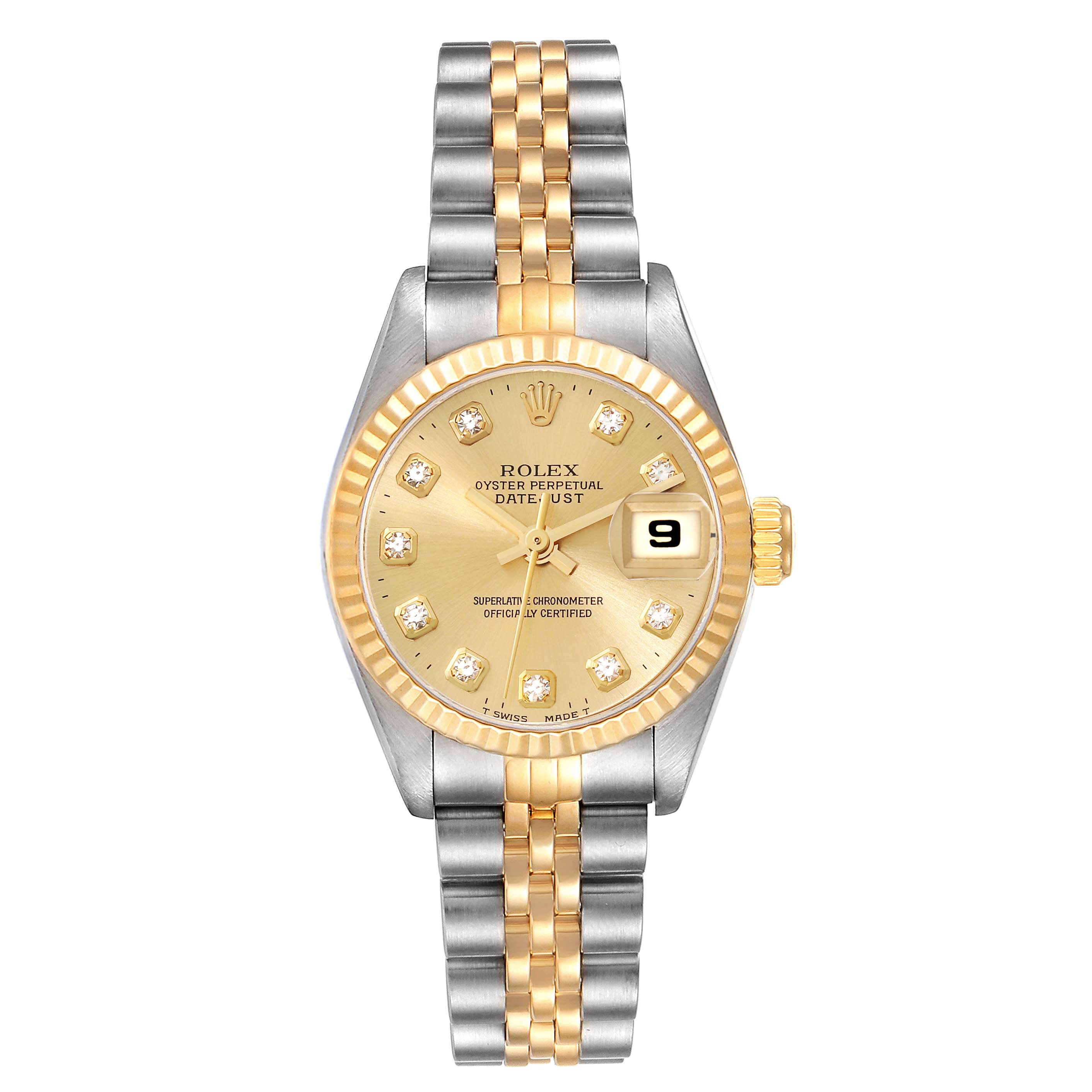 This image shows a Rolex Datejust 69173 Women's Steel and Gold (two tone) Champagne Dial 69173 Women's Steel and Gold (two tone) Champagne Dial watch from the front, displaying its dial, bezel, bracelet, and date window.