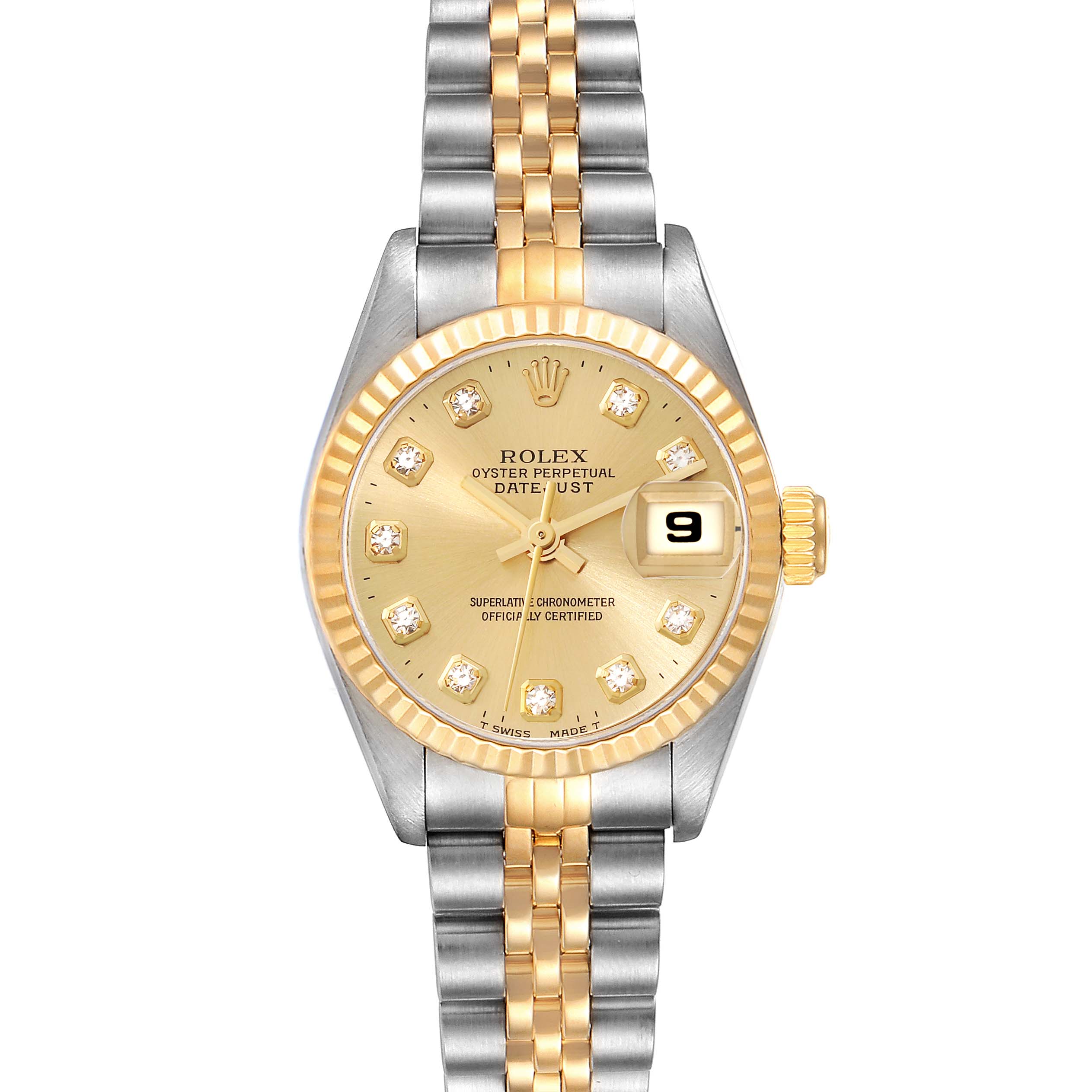The Rolex Datejust 69173 Women's Steel and Gold (two tone) Champagne Dial 69173 Women's Steel and Gold (two tone) Champagne Dial watch is shown from a top-down angle, highlighting its dial, bezel, and two-tone bracelet.