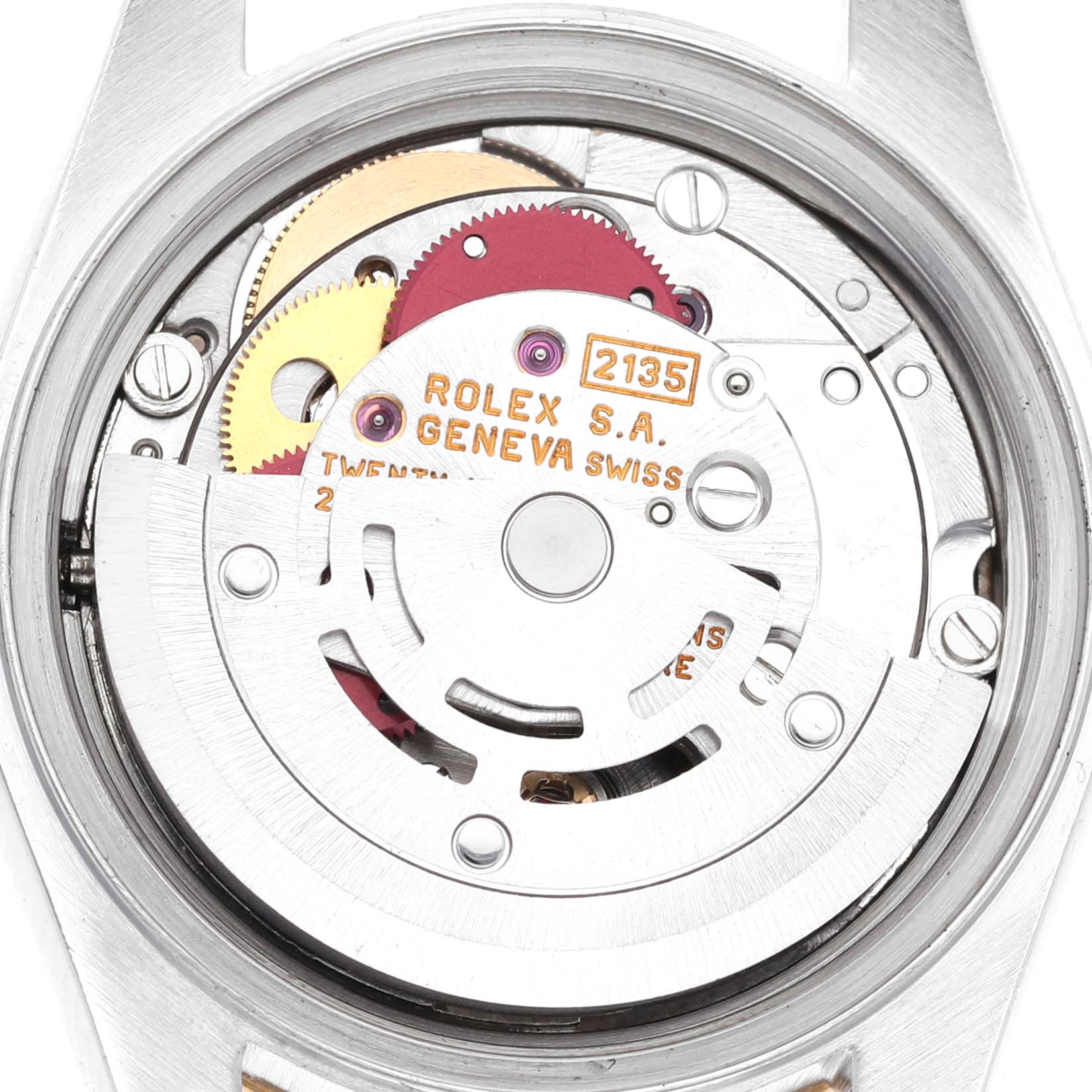 This image shows the Rolex Datejust 69173 Women's Steel and Gold (two tone) Champagne Dial 69173 Women's Steel and Gold (two tone) Champagne Dial's internal movement components from a back angle, focusing on its intricate gears and assembly.