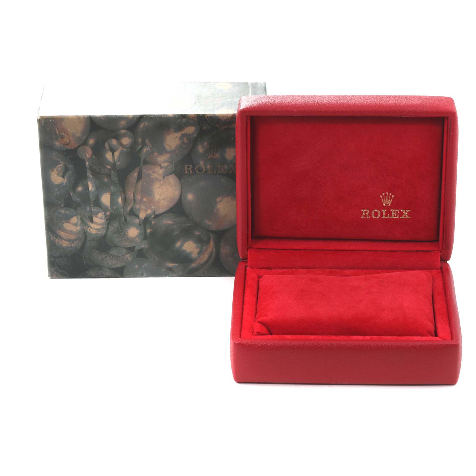 The image shows an open, empty red Rolex watch box and an outer decorative box for the Datejust model.
