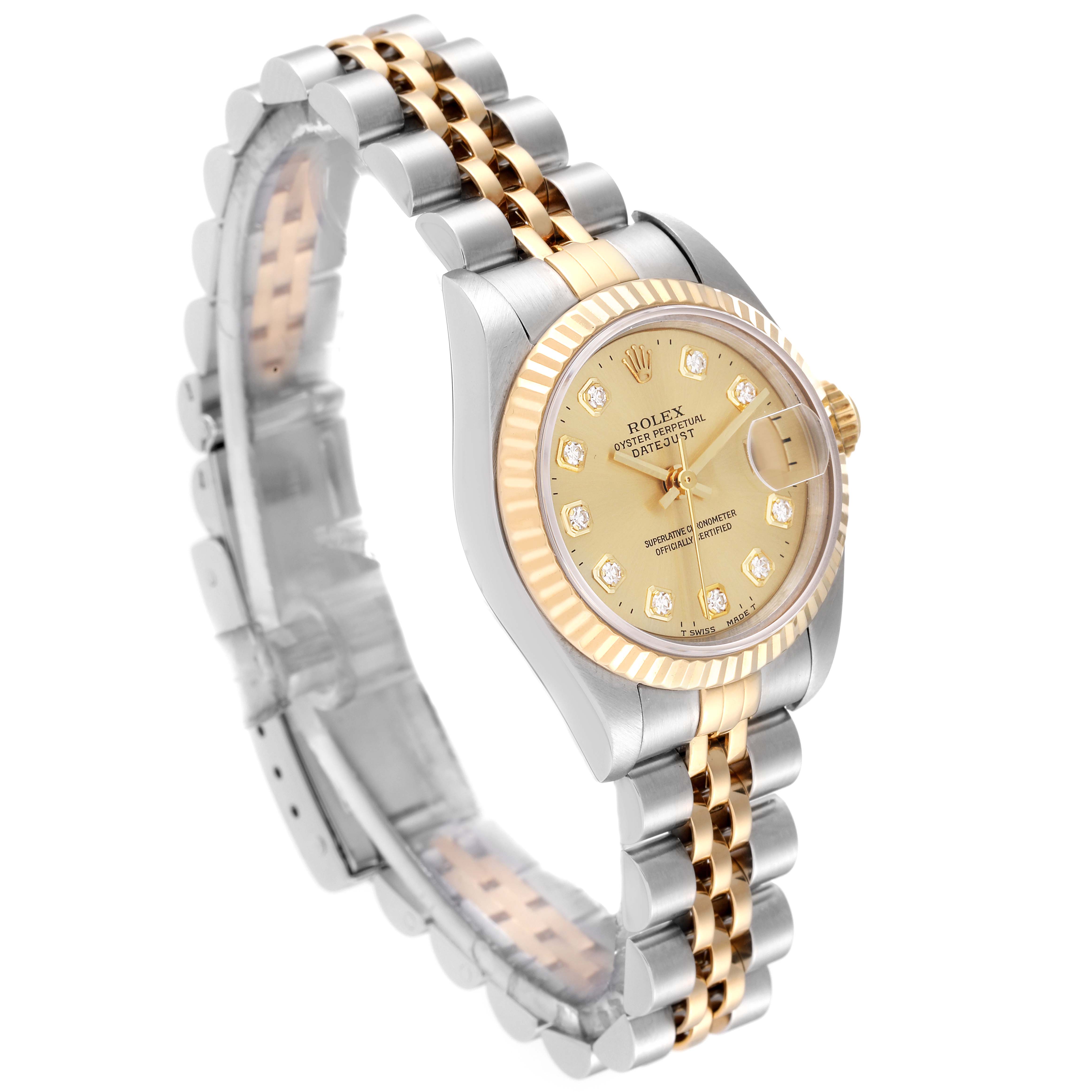 The image shows a Rolex Datejust 69173 Women's Steel and Gold (two tone) Champagne Dial 69173 Women's Steel and Gold (two tone) Champagne Dial watch angled to display its face, bezel, crown, and two-tone bracelet.