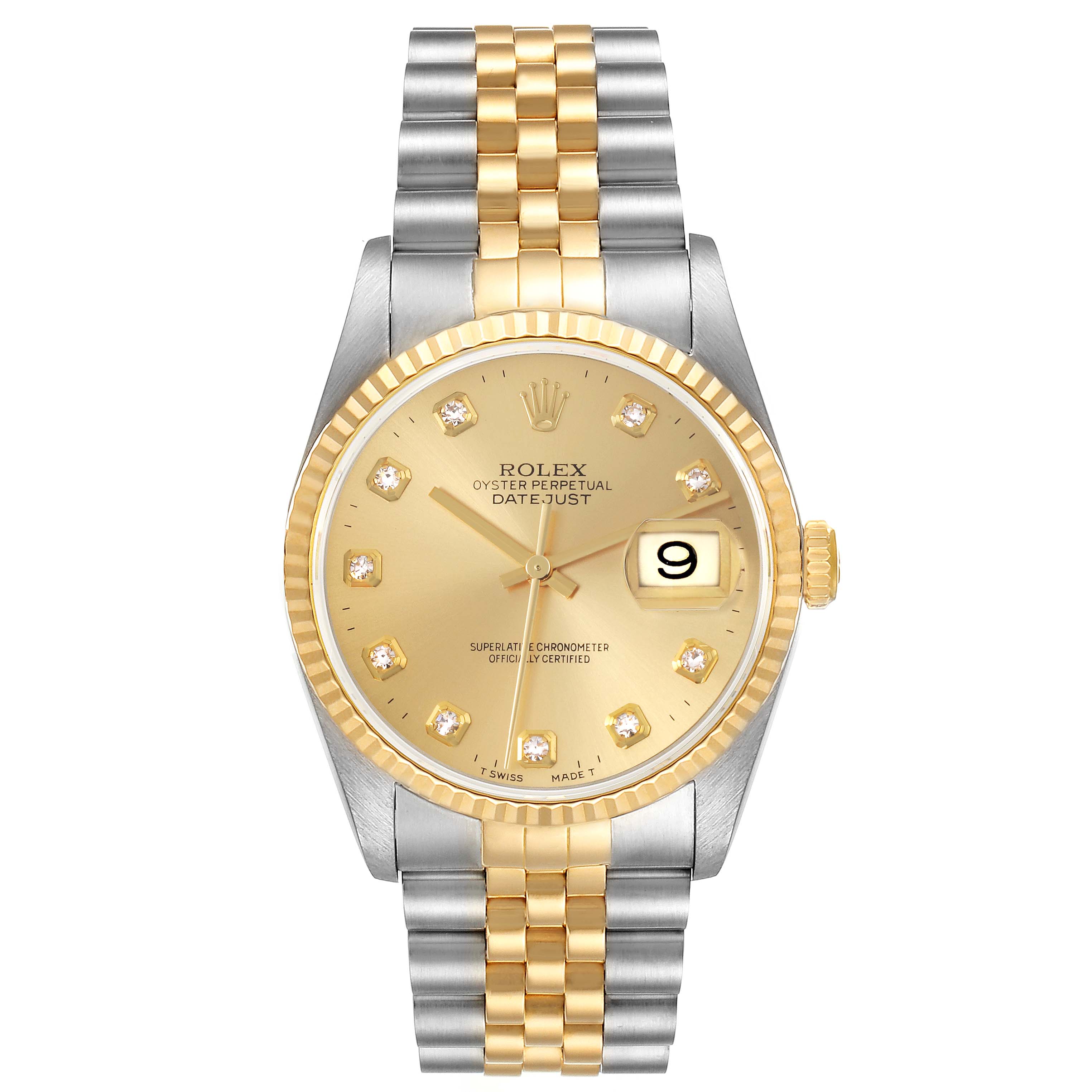 The Rolex Datejust 16233 Men's Steel and Gold (two tone) Champagne Dial 16233 Men's Steel and Gold (two tone) Champagne Dial watch is shown from a front angle, displaying its dial, bracelet, and case.