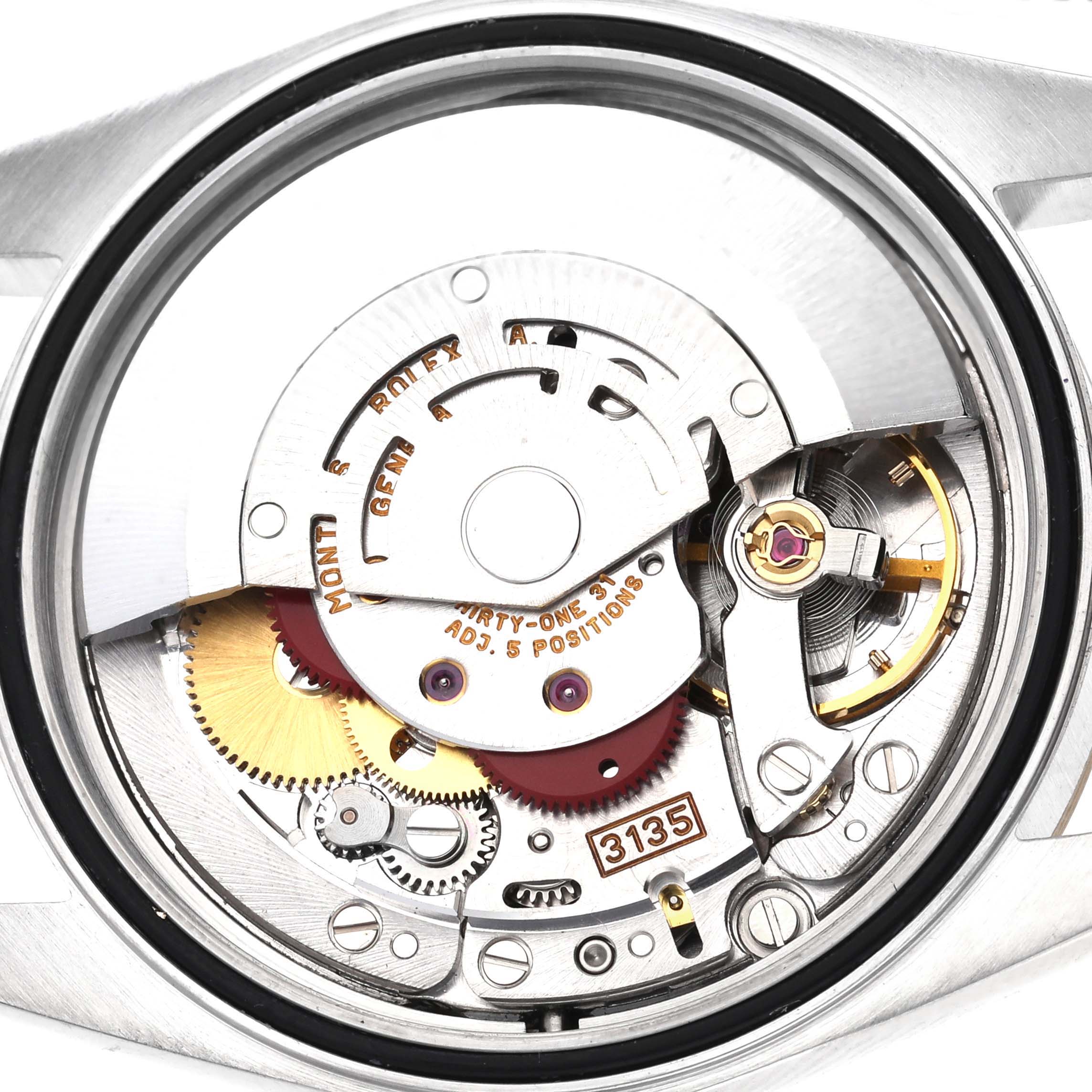 The image shows a close-up of the movement mechanism inside a Rolex Datejust 16233 Men's Steel and Gold (two tone) Champagne Dial 16233 Men's Steel and Gold (two tone) Champagne Dial.