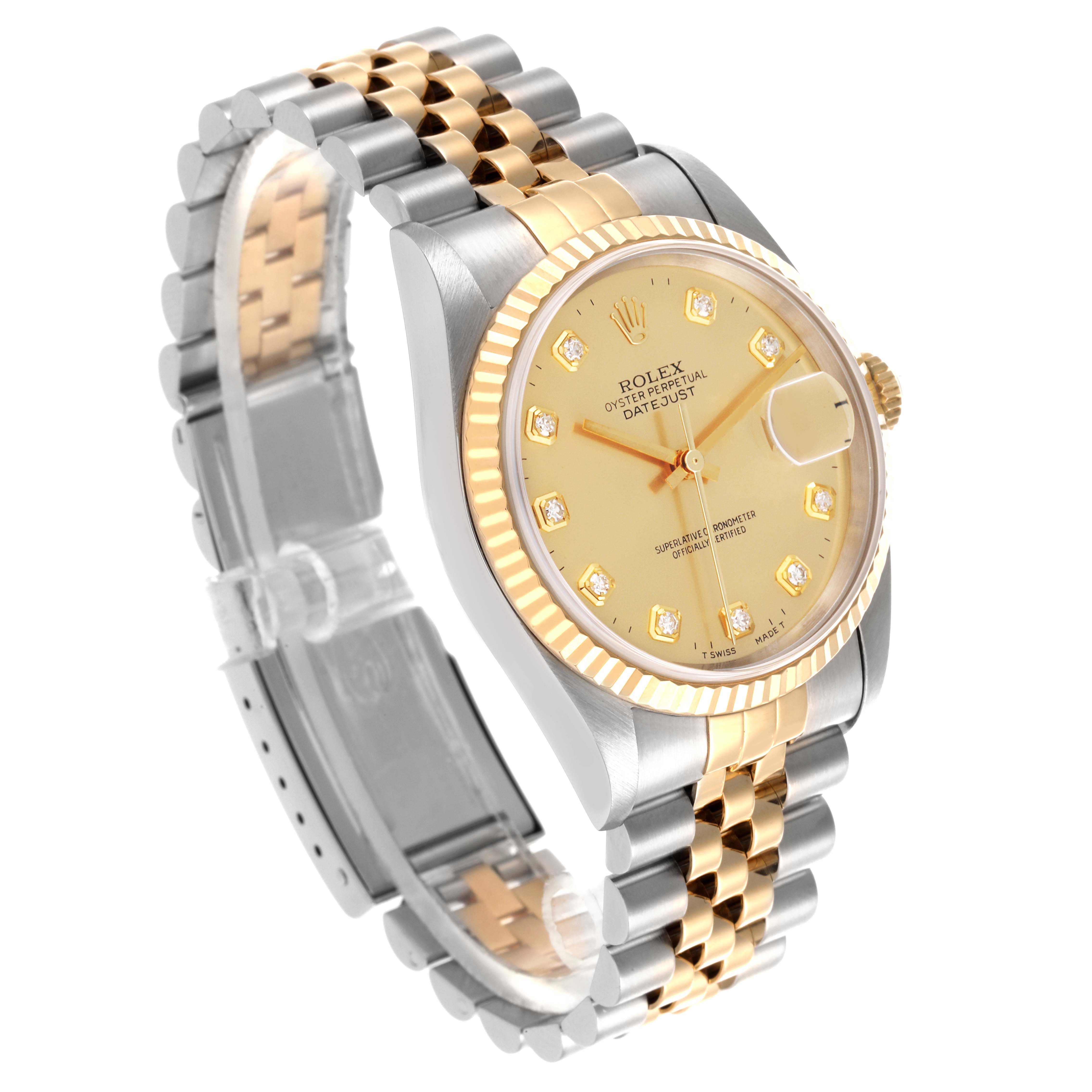 The Rolex Datejust 16233 Men's Steel and Gold (two tone) Champagne Dial 16233 Men's Steel and Gold (two tone) Champagne Dial watch is shown at an angled side view, displaying its two-tone Jubilee bracelet, dial, and fluted bezel.