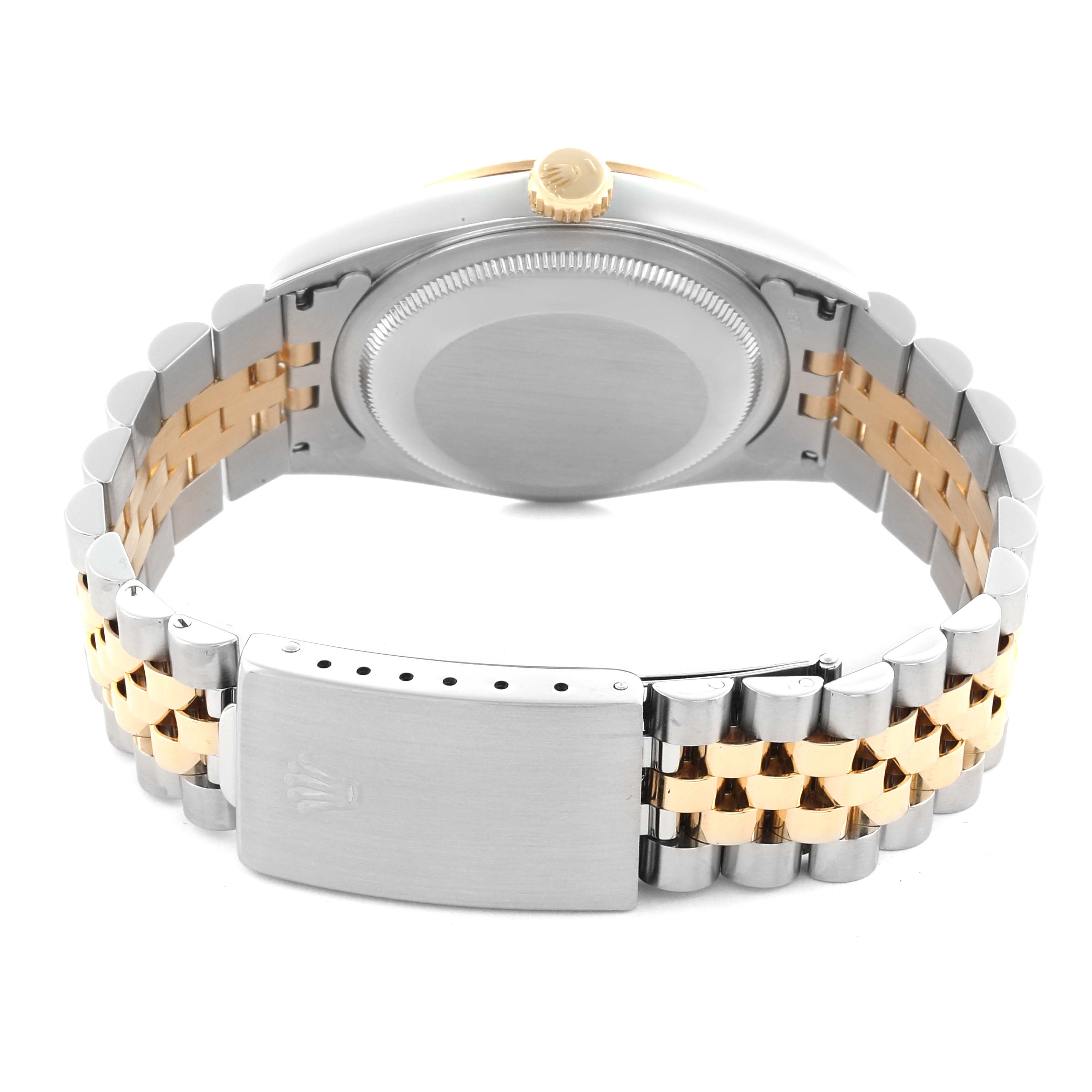 The Rolex Datejust 16233 Men's Steel and Gold (two tone) Champagne Dial 16233 Men's Steel and Gold (two tone) Champagne Dial watch is shown from the back, highlighting the case back, crown, and two-tone bracelet with clasp.