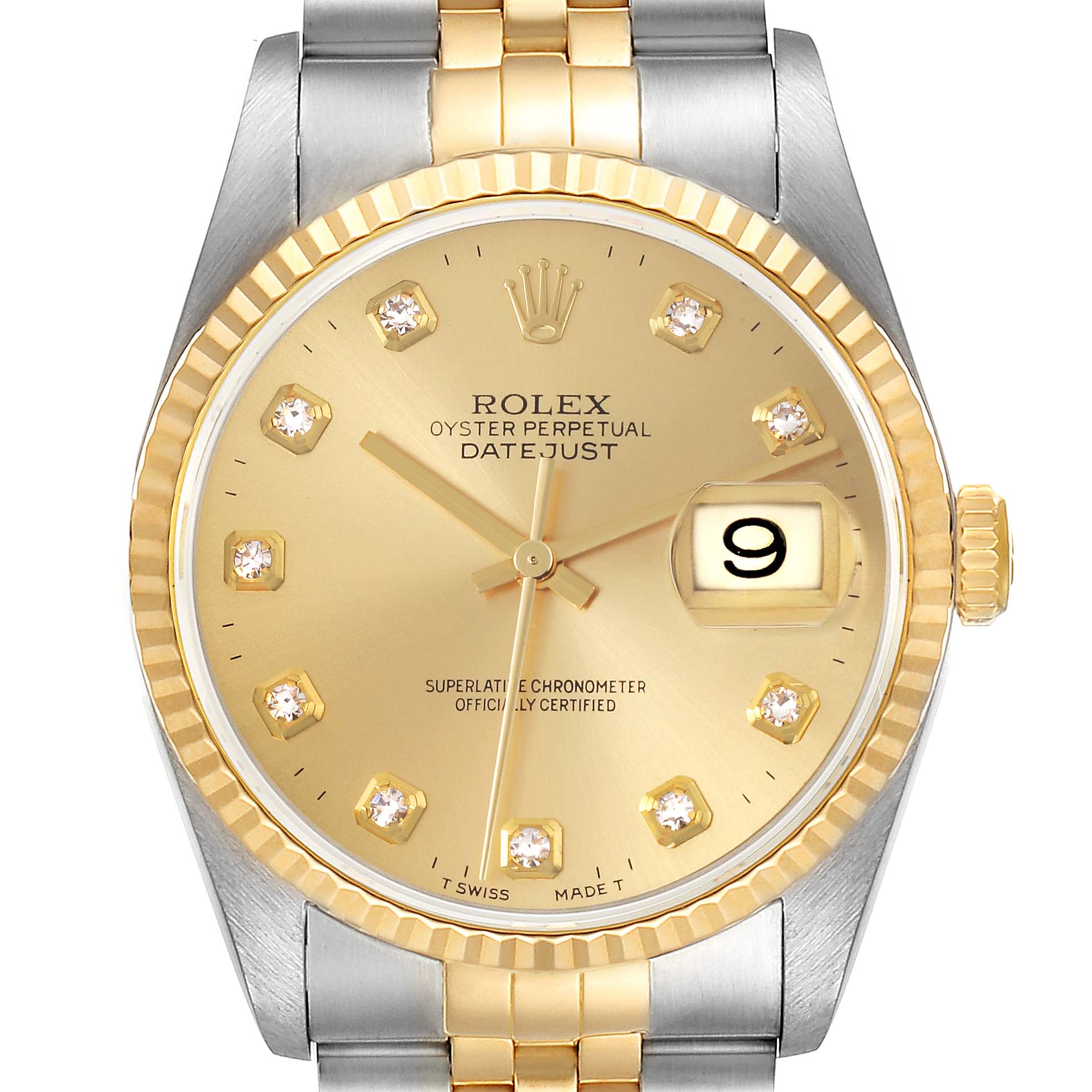 The image shows a frontal view of the Rolex Datejust 16233 Men's Steel and Gold (two tone) Champagne Dial 16233 Men's Steel and Gold (two tone) Champagne Dial watch, displaying the dial, bezel, and part of the bracelet.