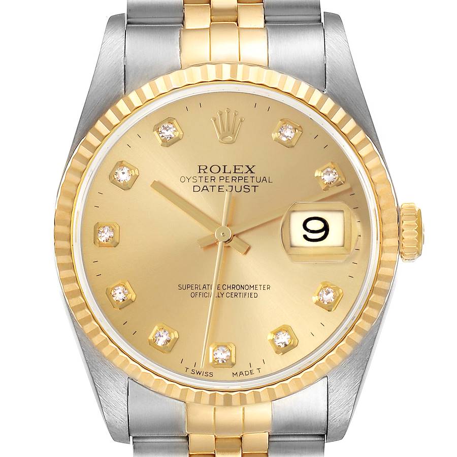 The image shows a frontal view of the Rolex Datejust watch, displaying the dial, bezel, and part of the bracelet.