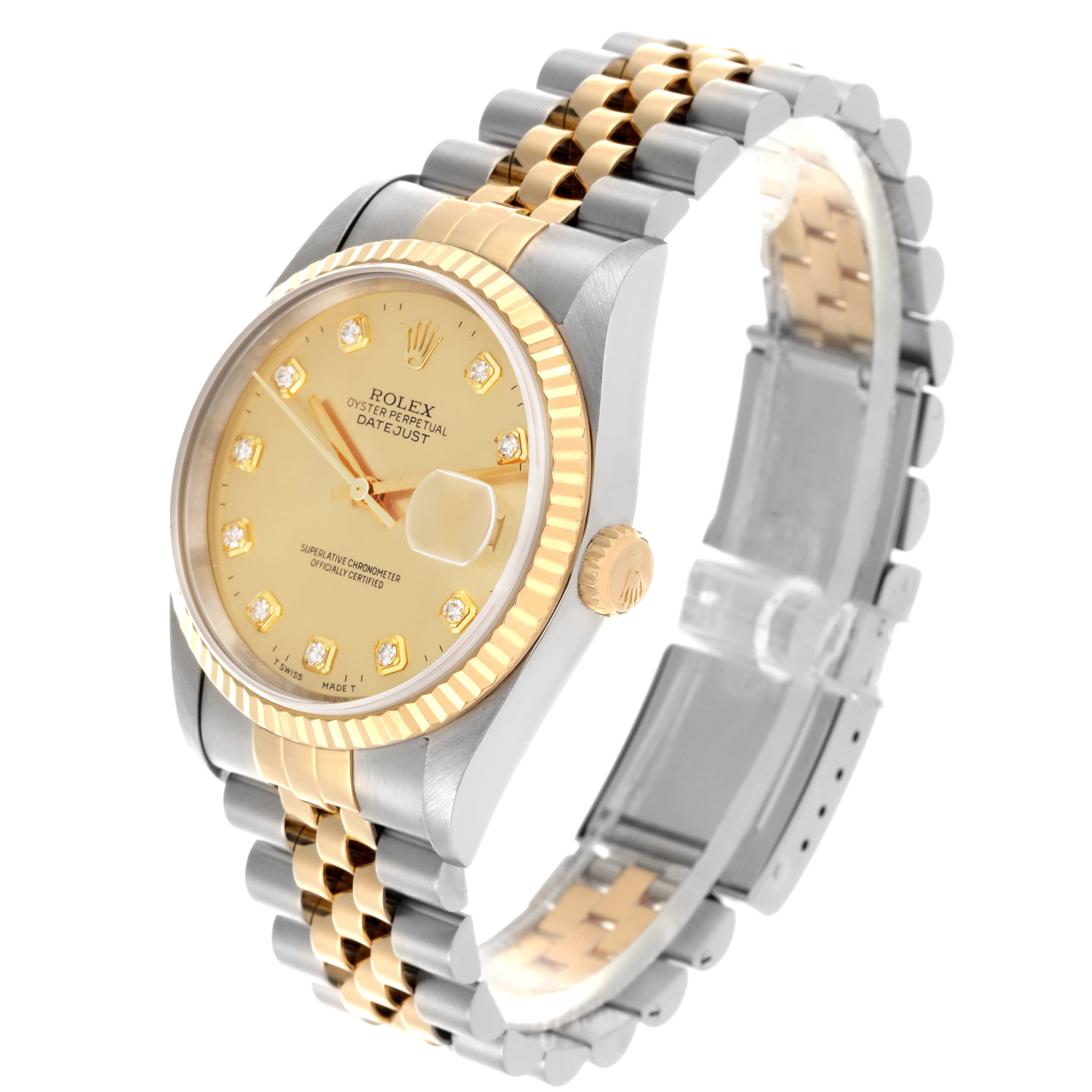 The Rolex Datejust 16233 Men's Steel and Gold (two tone) Champagne Dial 16233 Men's Steel and Gold (two tone) Champagne Dial watch is shown in a side angle, highlighting its jubilee bracelet, fluted bezel, and diamond hour markers.
