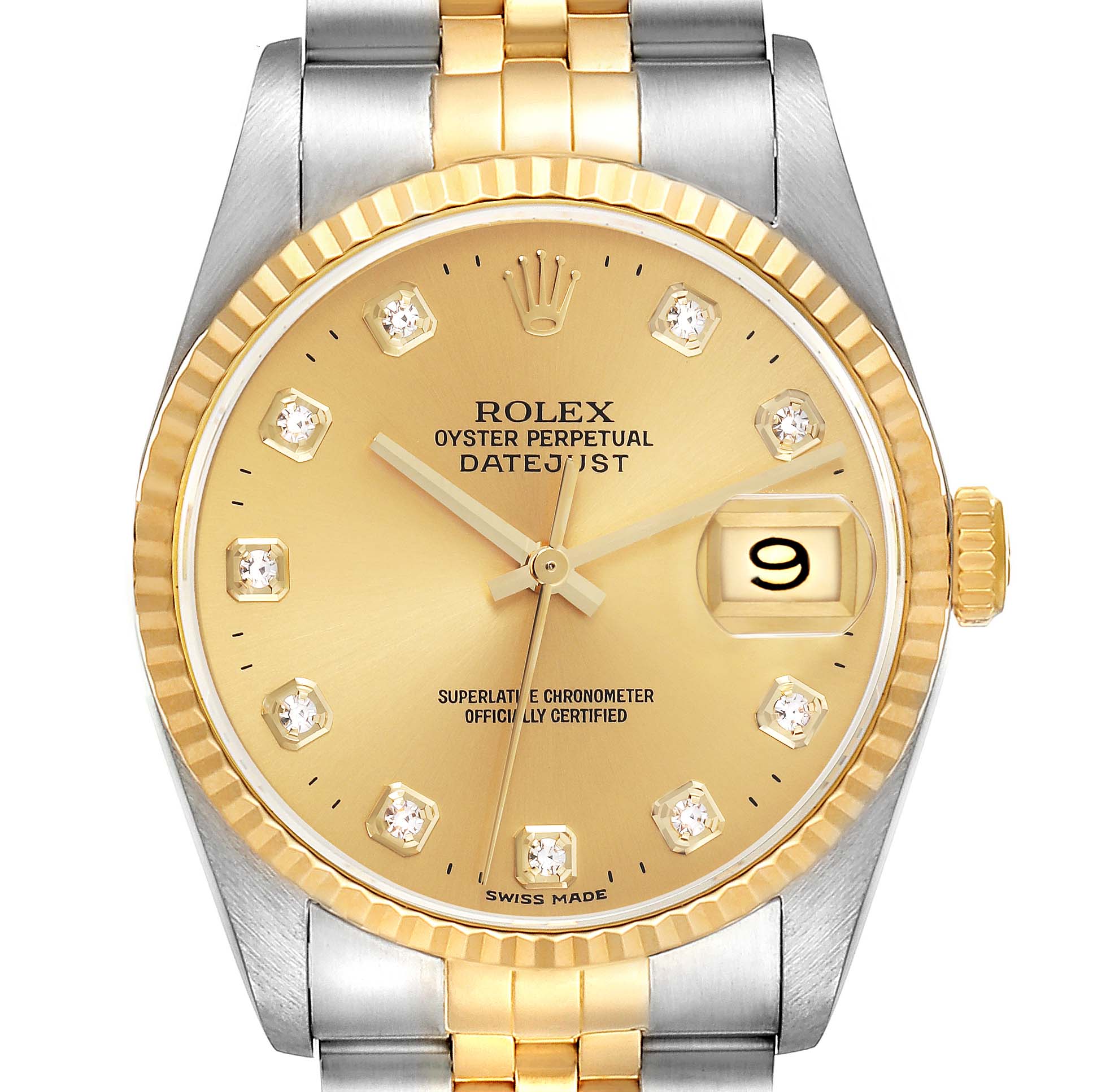 The Rolex Datejust 16233 Men's Steel and Gold (two tone) Champagne Dial 16233 Men's Steel and Gold (two tone) Champagne Dial watch is shown from a front angle, displaying the dial, bezel, crown, and part of the bracelet.