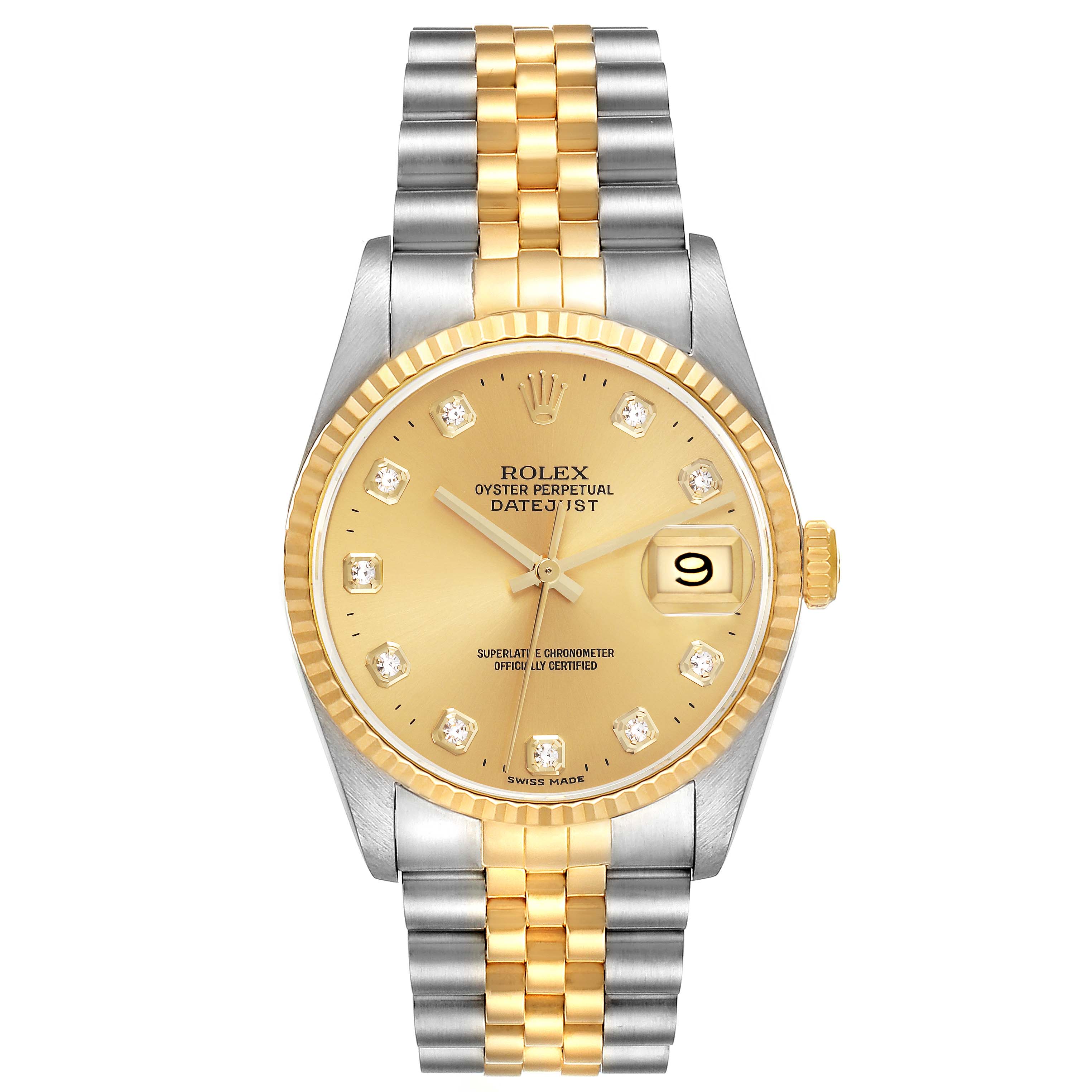 The Rolex Datejust 16233 Men's Steel and Gold (two tone) Champagne Dial 16233 Men's Steel and Gold (two tone) Champagne Dial watch is shown from a front angle, highlighting the dial, bezel, and two-tone bracelet.