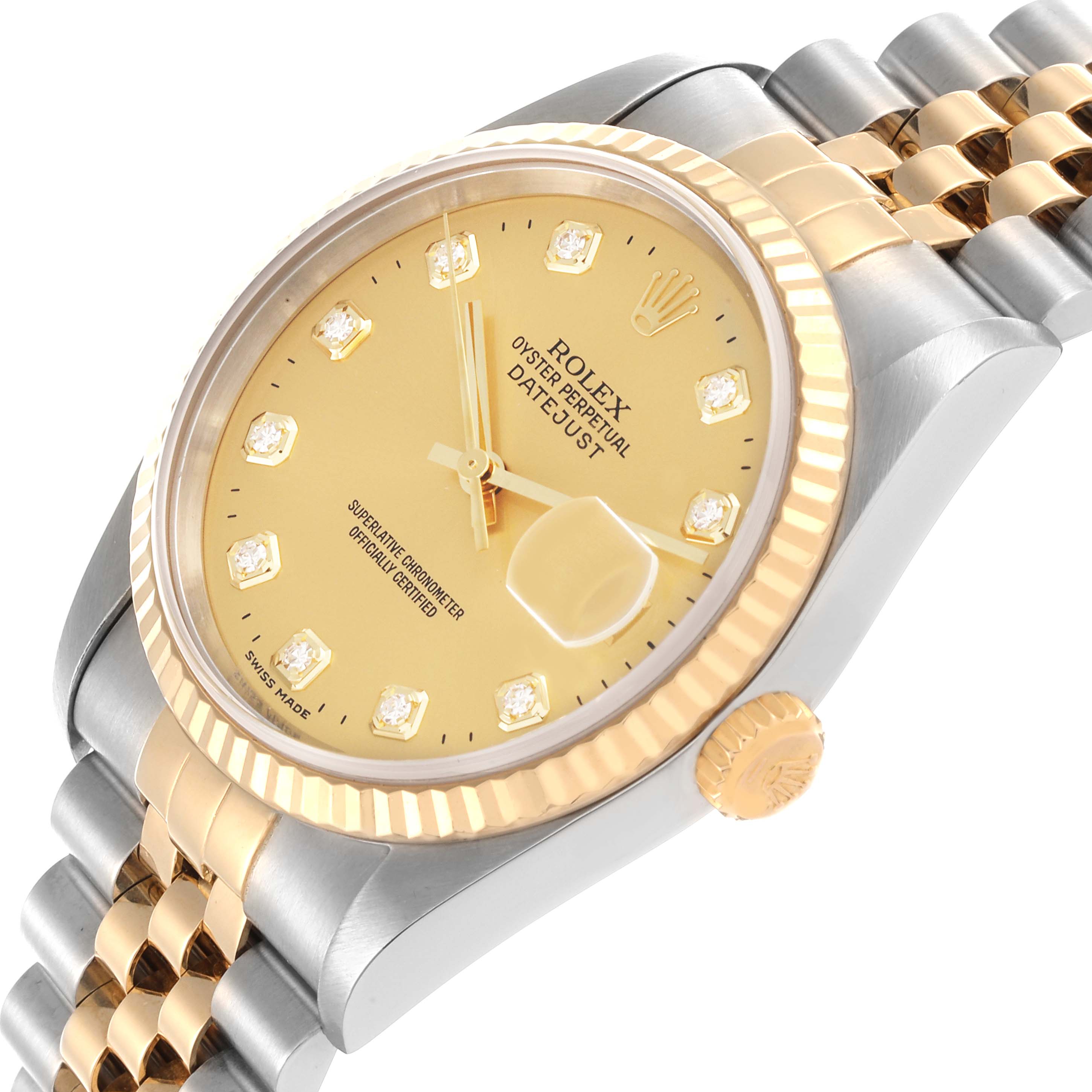 The image shows a side angle of the Rolex Datejust 16233 Men's Steel and Gold (two tone) Champagne Dial 16233 Men's Steel and Gold (two tone) Champagne Dial, highlighting the dial, bezel, crown, and part of the bracelet.