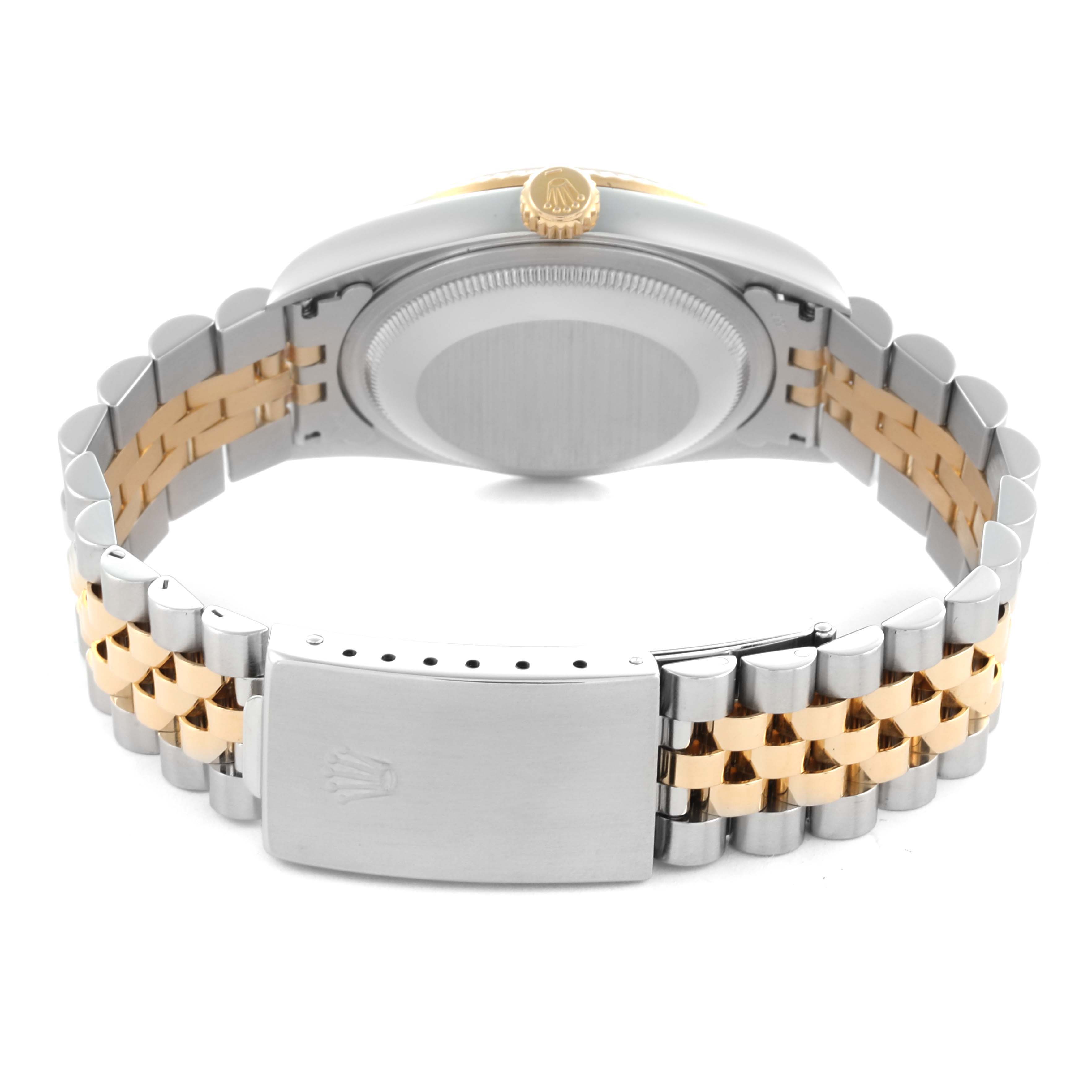 The Rolex Datejust 16233 Men's Steel and Gold (two tone) Champagne Dial 16233 Men's Steel and Gold (two tone) Champagne Dial watch is shown from the back, highlighting the case back, crown, and two-tone bracelet.