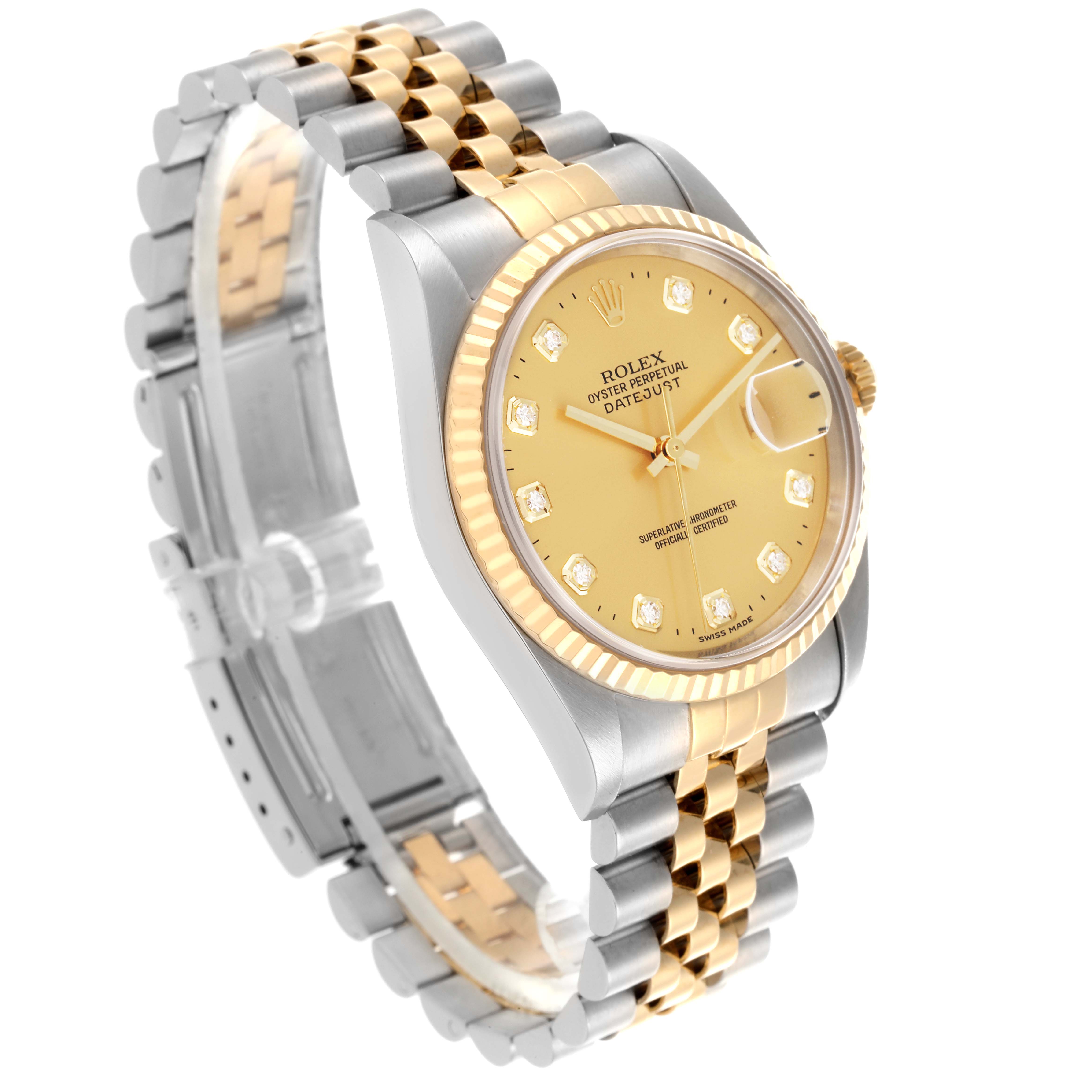 The Rolex Datejust 16233 Men's Steel and Gold (two tone) Champagne Dial 16233 Men's Steel and Gold (two tone) Champagne Dial watch is shown at an angle displaying the dial, bezel, and two-tone bracelet.