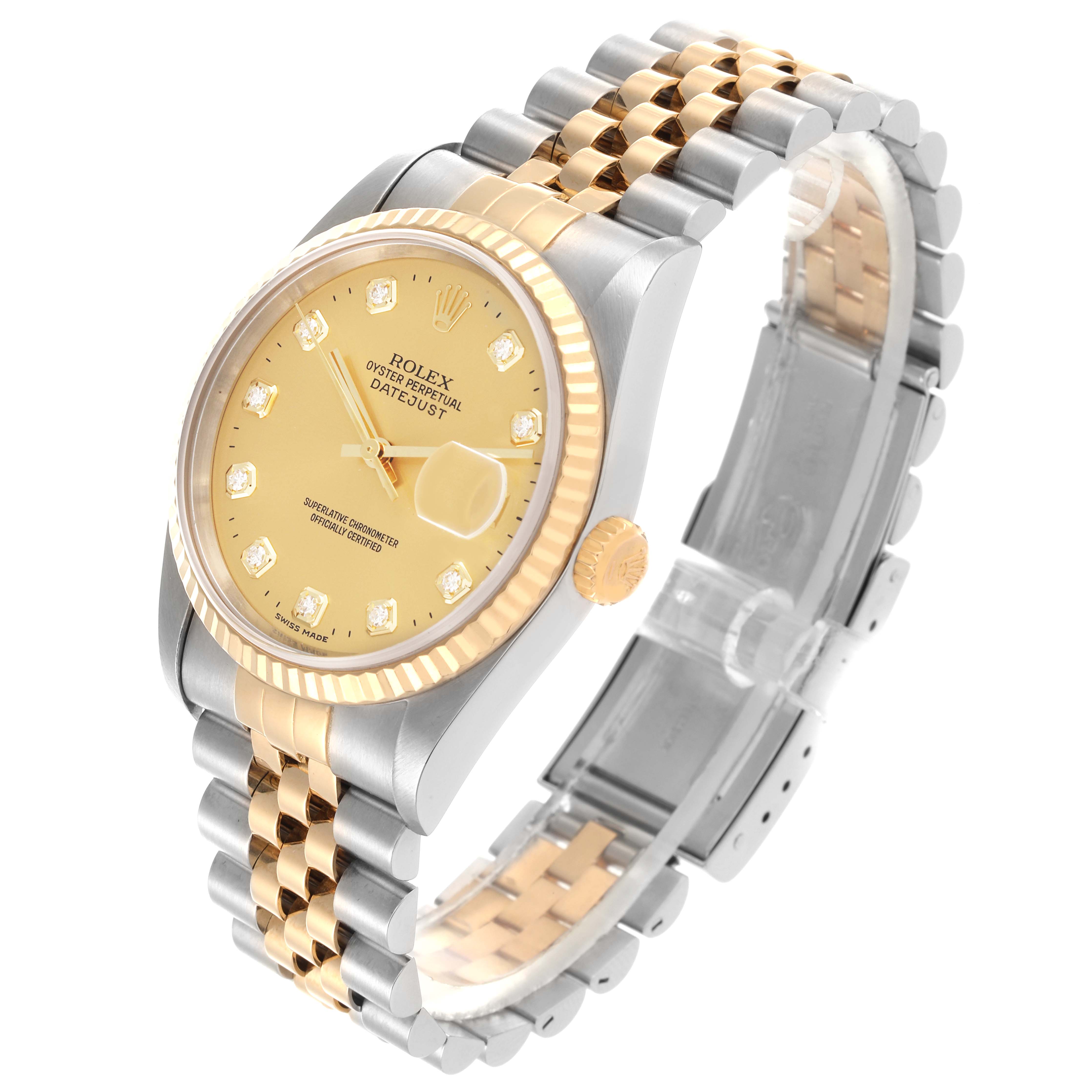 The Rolex Datejust 16233 Men's Steel and Gold (two tone) Champagne Dial 16233 Men's Steel and Gold (two tone) Champagne Dial watch is shown at a three-quarter angle, highlighting the face, bezel, and bracelet.