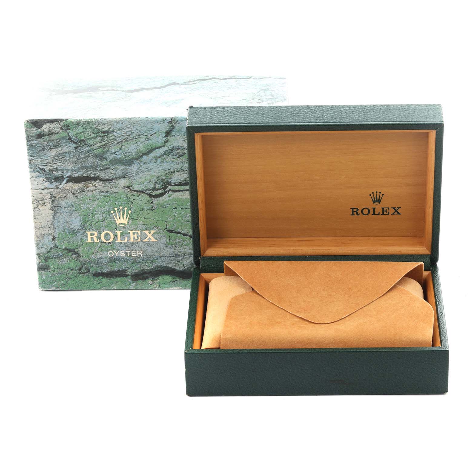 The image shows the Rolex Datejust 16233 Men's Steel and Gold (two tone) Champagne Dial 16233 Men's Steel and Gold (two tone) Champagne Dial box and packaging, with the box open and a brown envelope inside.