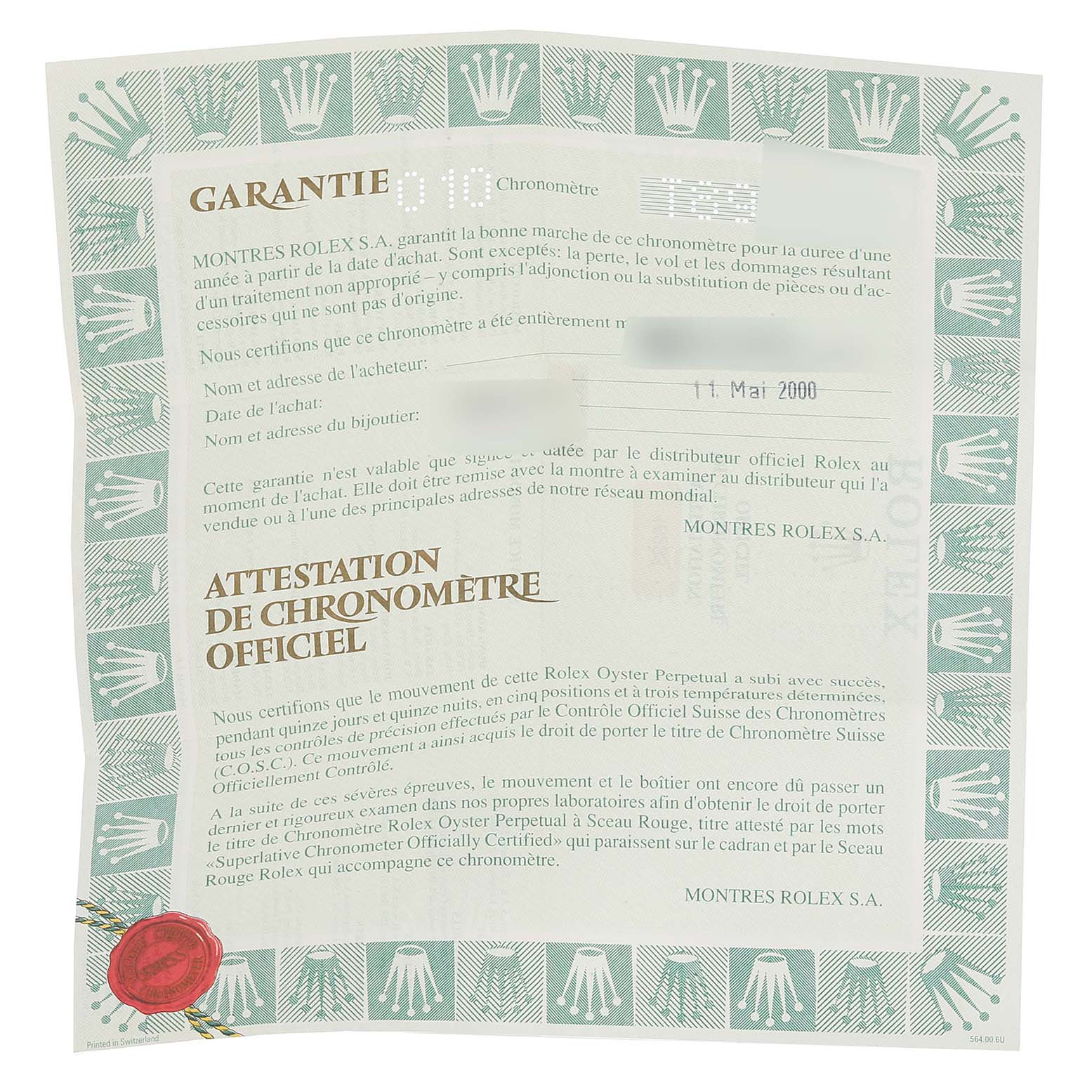 The image shows a warranty certificate for a Rolex Datejust 16233 Men's Steel and Gold (two tone) Silver Dial 16233 Men's Steel and Gold (two tone) Silver Dial watch, highlighting details and official certification.