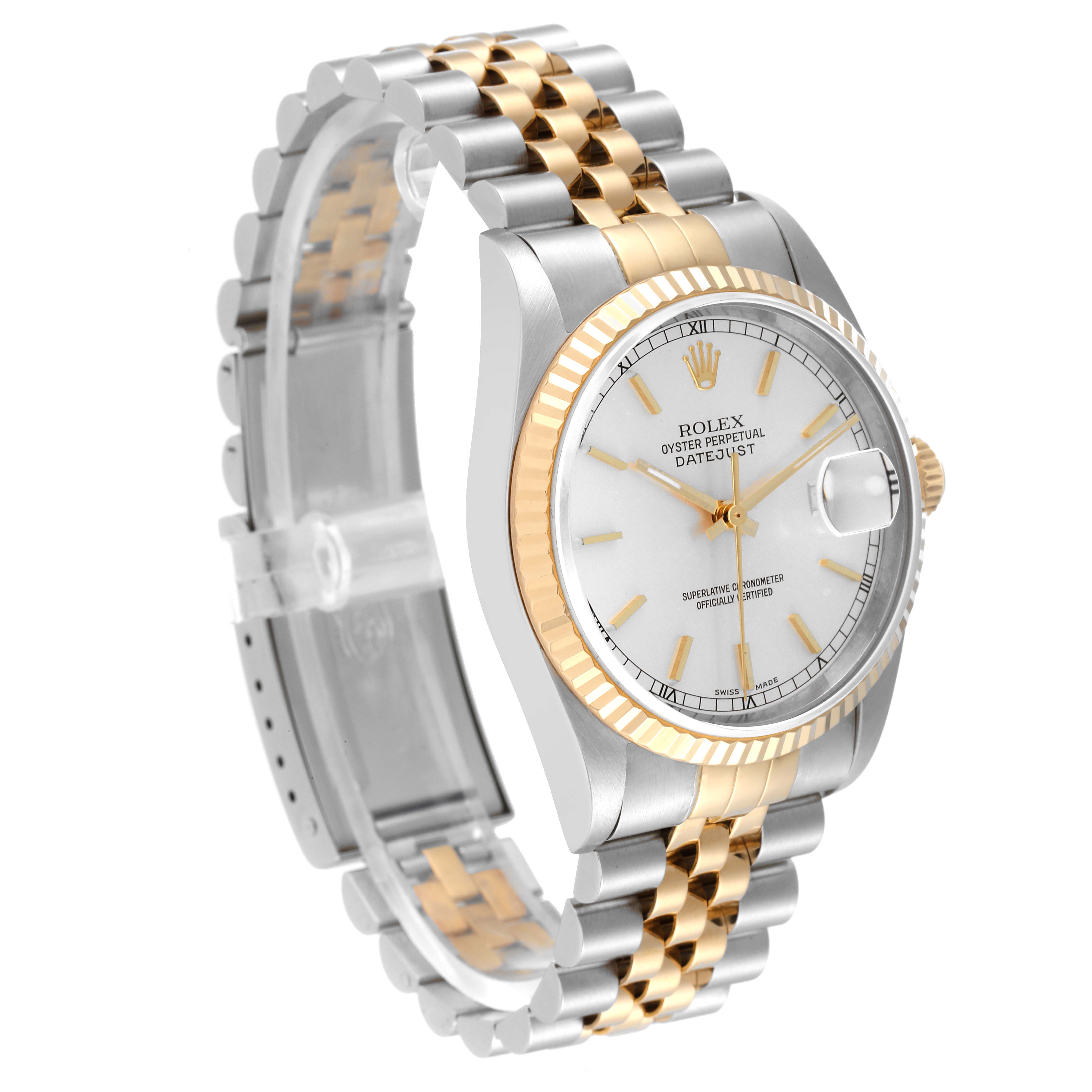 This Rolex Datejust 16233 Men's Steel and Gold (two tone) Silver Dial 16233 Men's Steel and Gold (two tone) Silver Dial watch is shown at an angled side view, highlighting its two-tone bracelet, fluted bezel, and white dial.