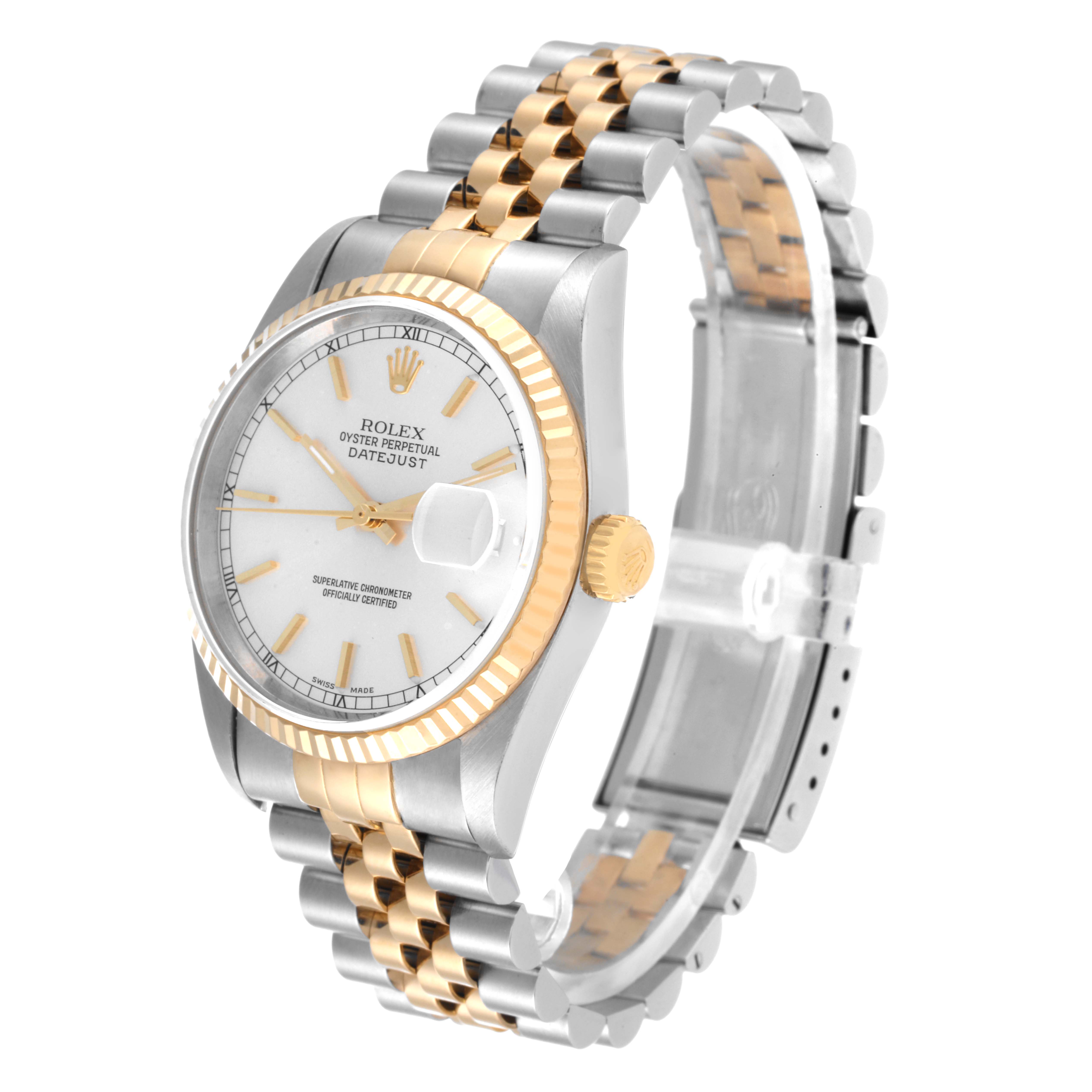This Rolex Datejust 16233 Men's Steel and Gold (two tone) Silver Dial 16233 Men's Steel and Gold (two tone) Silver Dial model watch is shown at an angled side view, highlighting its silver and gold bracelet, white dial, fluted bezel, and crown.