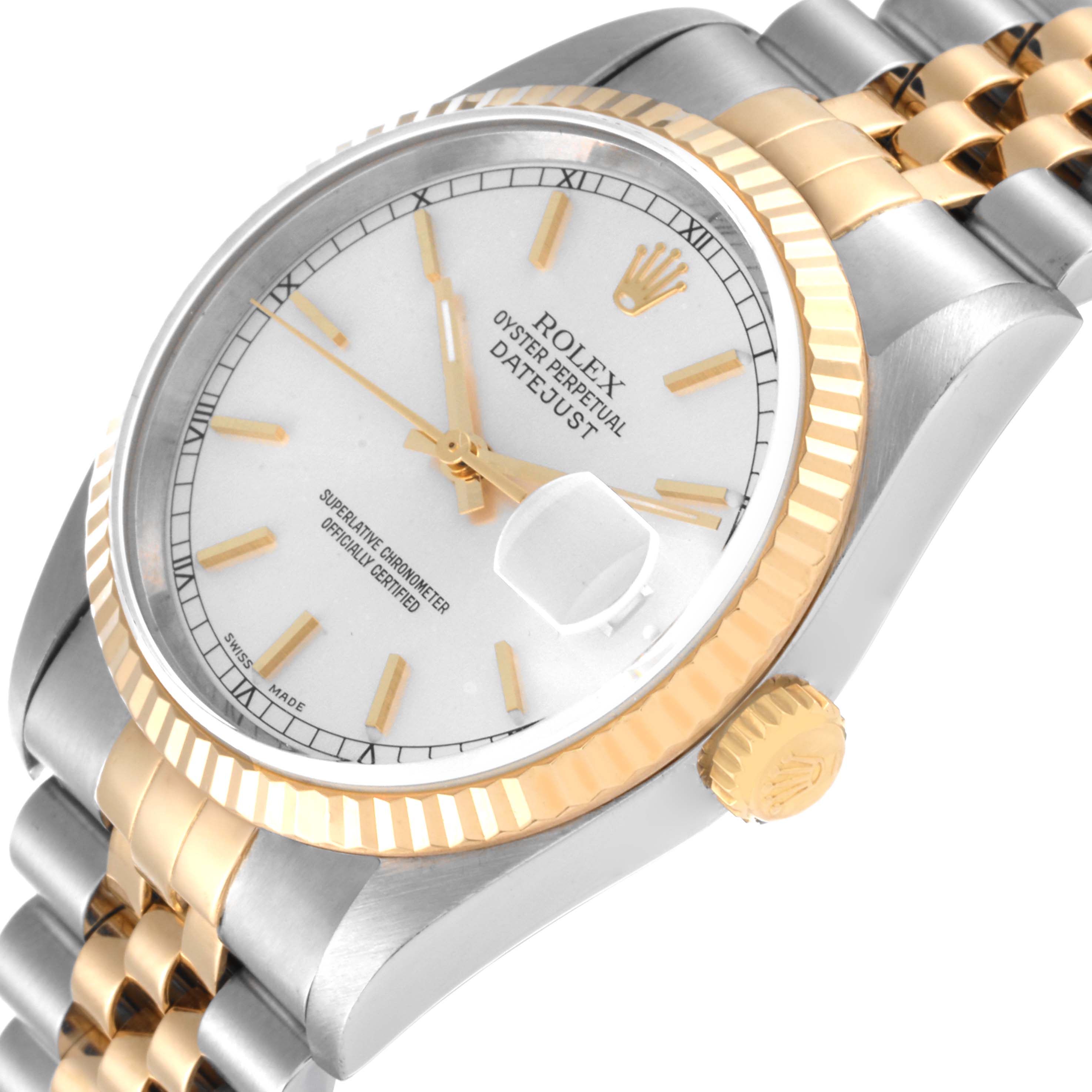 The image shows a Rolex Datejust 16233 Men's Steel and Gold (two tone) Silver Dial 16233 Men's Steel and Gold (two tone) Silver Dial watch at a slight angle, highlighting the dial, crown, bezel, and part of the bracelet.