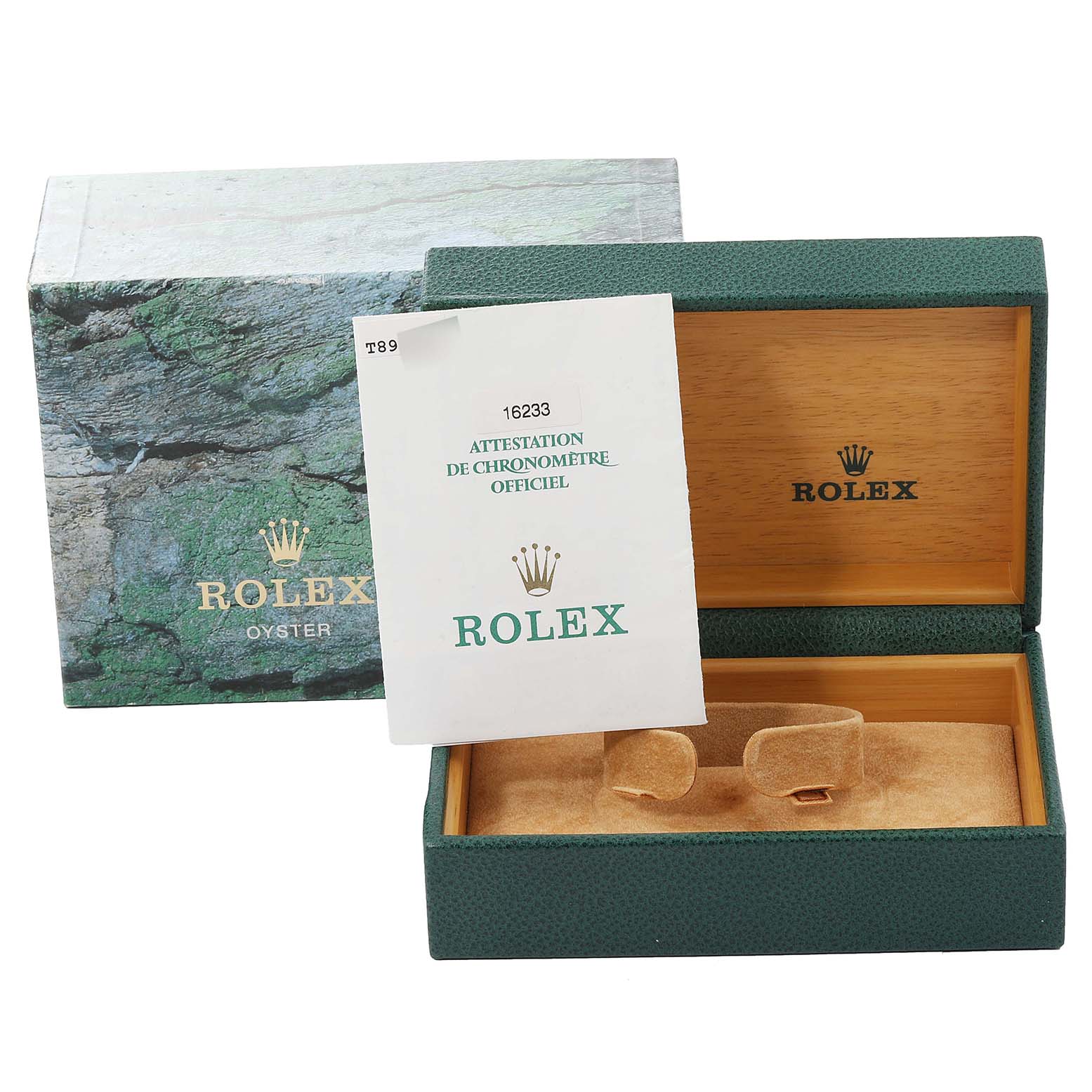 The image shows the open box and documentation for a Rolex Datejust 16233 Men's Steel and Gold (two tone) Silver Dial 16233 Men's Steel and Gold (two tone) Silver Dial model, with the watch itself not visible.