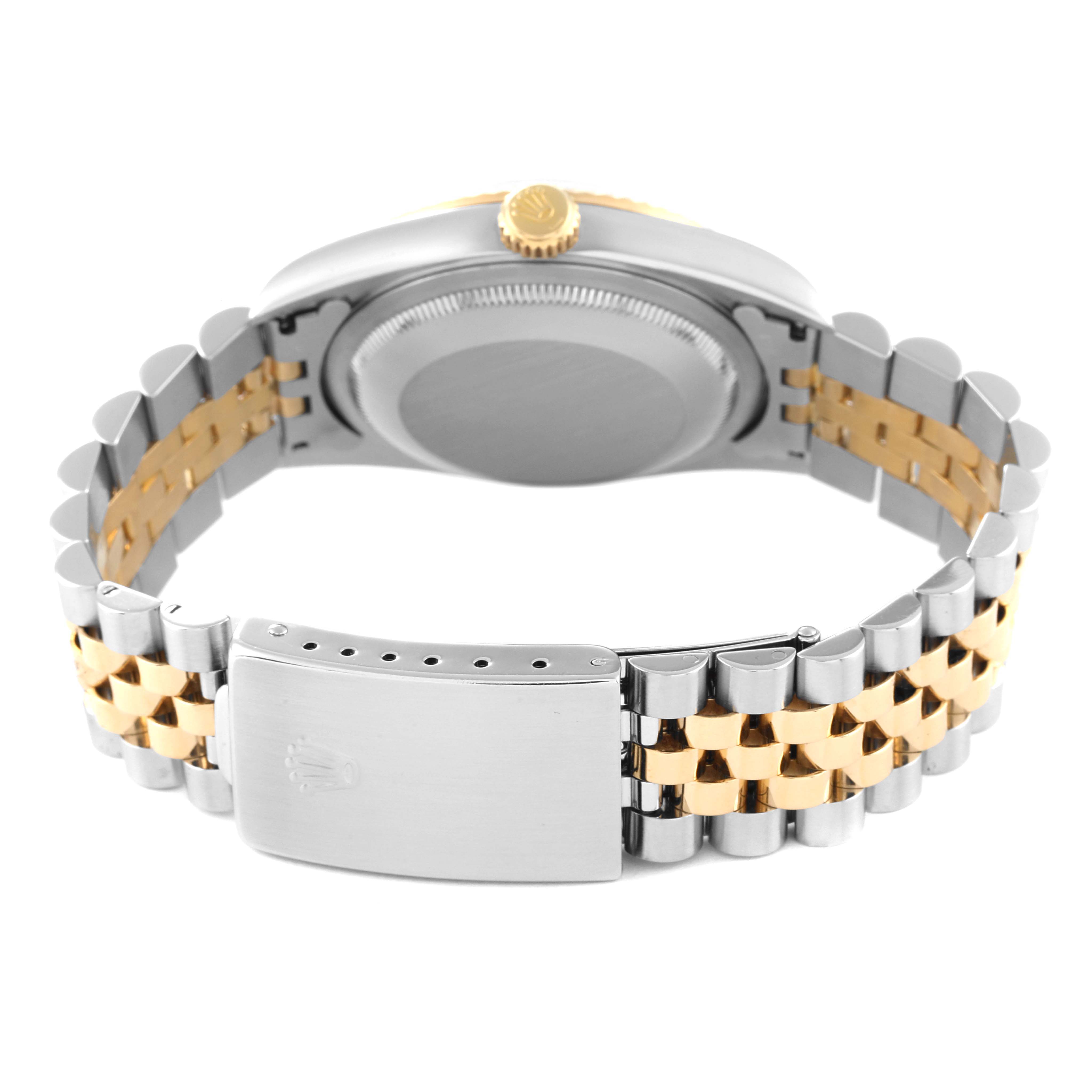 The image shows the back view of a Rolex Datejust 16233 Men's Steel and Gold (two tone) Silver Dial 16233 Men's Steel and Gold (two tone) Silver Dial, focusing on the two-tone bracelet and the clasp.