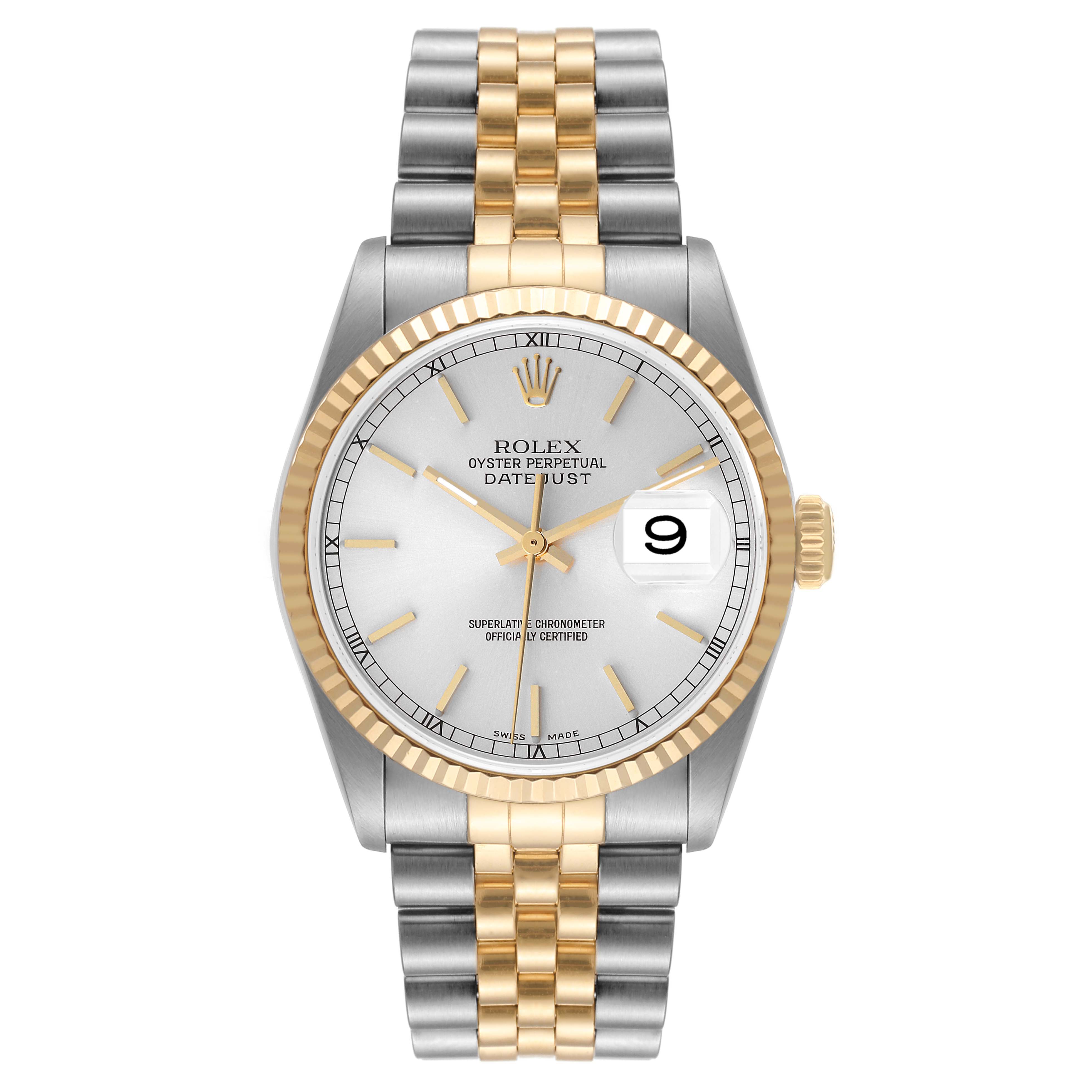 This Rolex Datejust 16233 Men's Steel and Gold (two tone) Silver Dial 16233 Men's Steel and Gold (two tone) Silver Dial watch is shown from a front angle, highlighting the silver dial, gold bezel, date window, and two-tone bracelet.