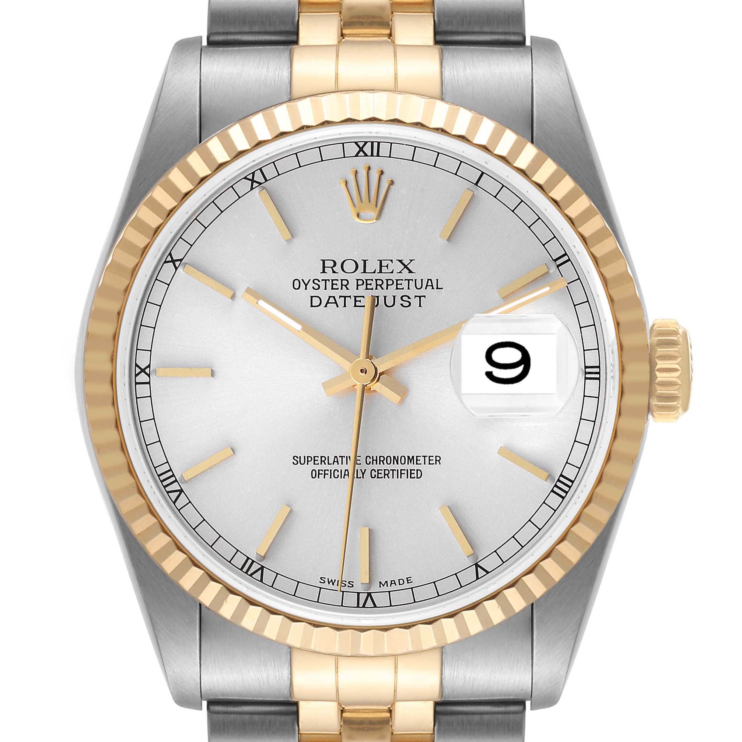 The Rolex Datejust 16233 Men's Steel and Gold (two tone) Silver Dial 16233 Men's Steel and Gold (two tone) Silver Dial watch is shown from a front angle, displaying the dial, hands, date window, crown, and part of the bracelet.