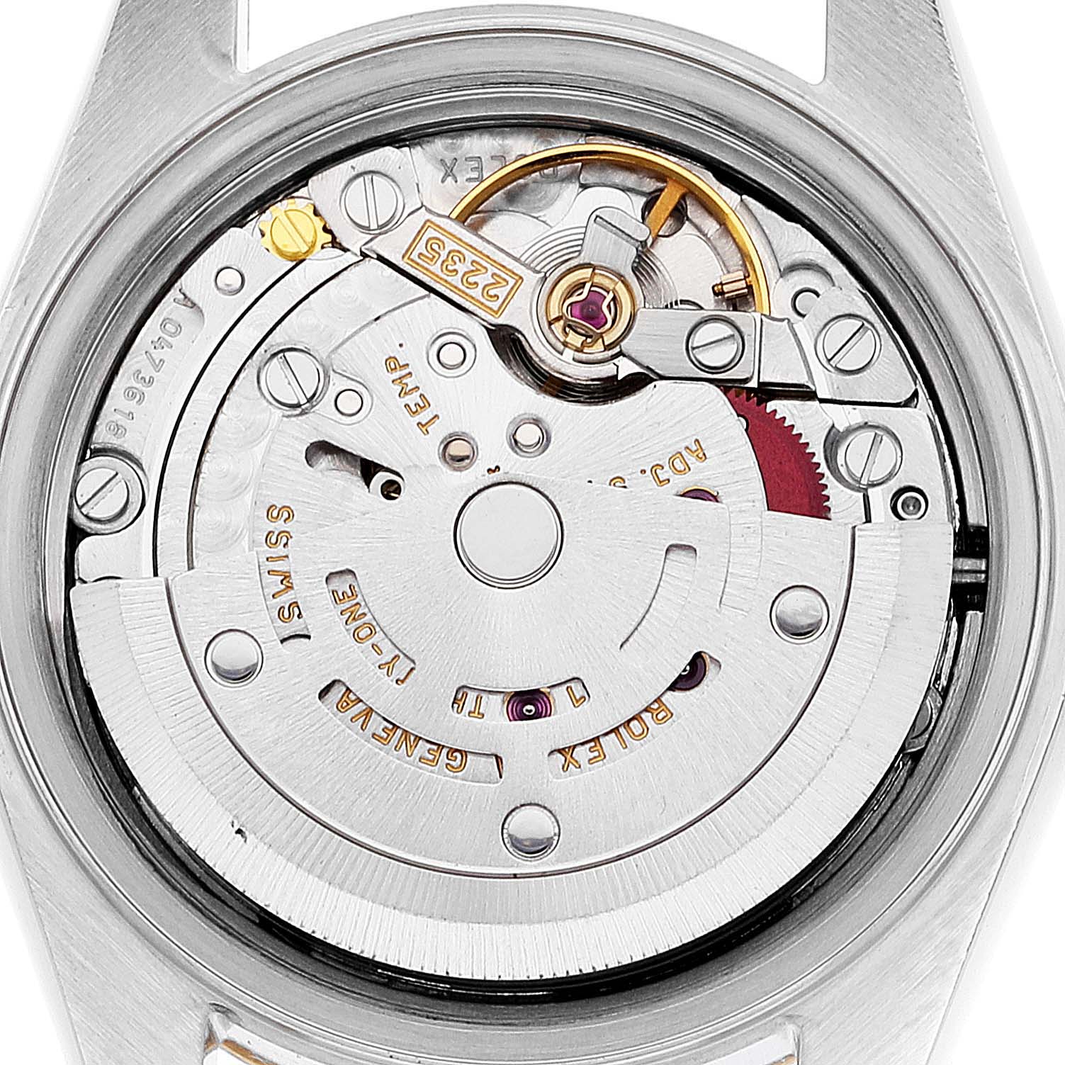 The image shows the rear view of a Rolex Datejust 79173 Women's Steel and Gold (two tone) Silver Dial 79173 Women's Steel and Gold (two tone) Silver Dial watch, focusing on its internal movement mechanism.