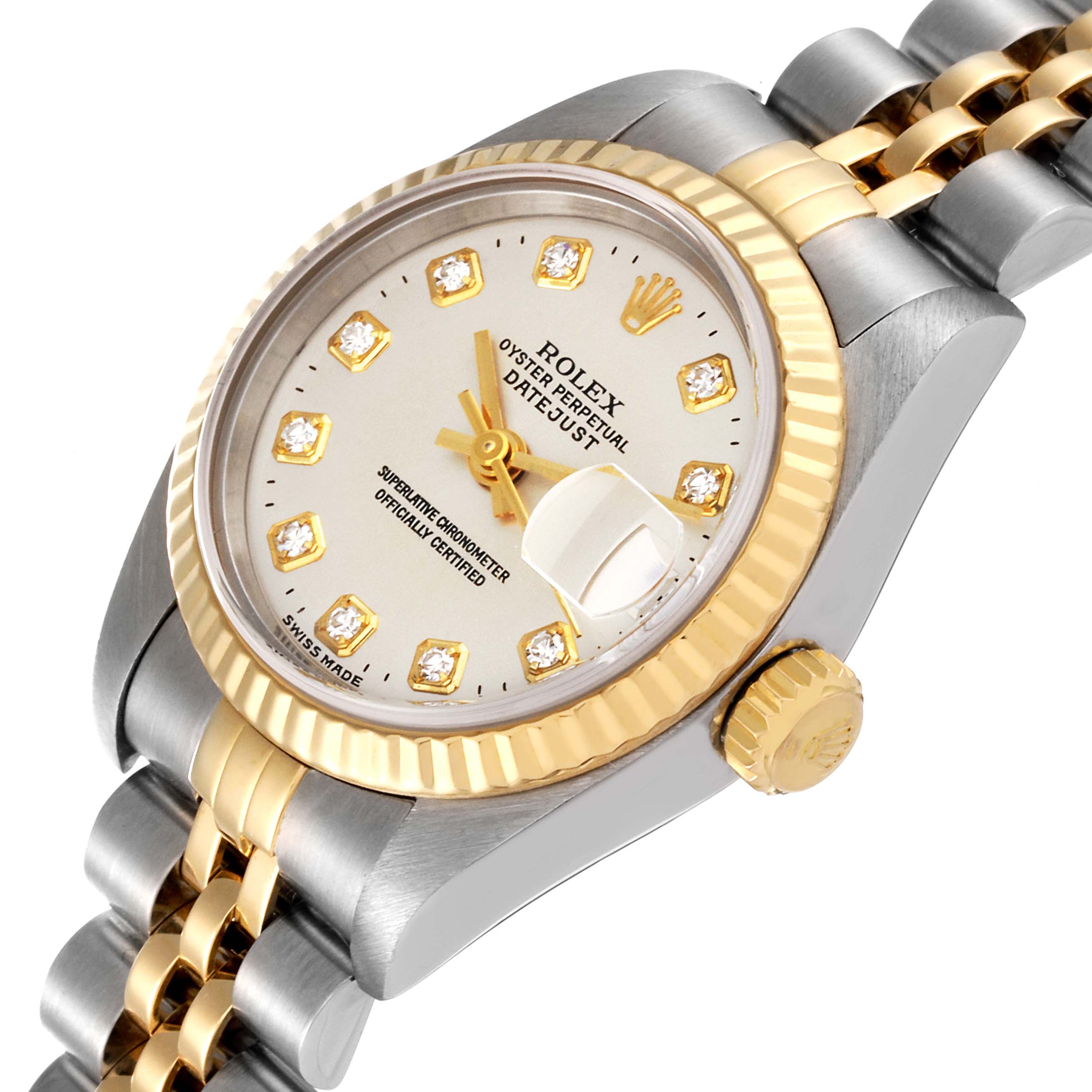 The Rolex Datejust 79173 Women's Steel and Gold (two tone) Silver Dial 79173 Women's Steel and Gold (two tone) Silver Dial watch is shown at a slight angle, displaying the dial, bezel, crown, and part of the bracelet.