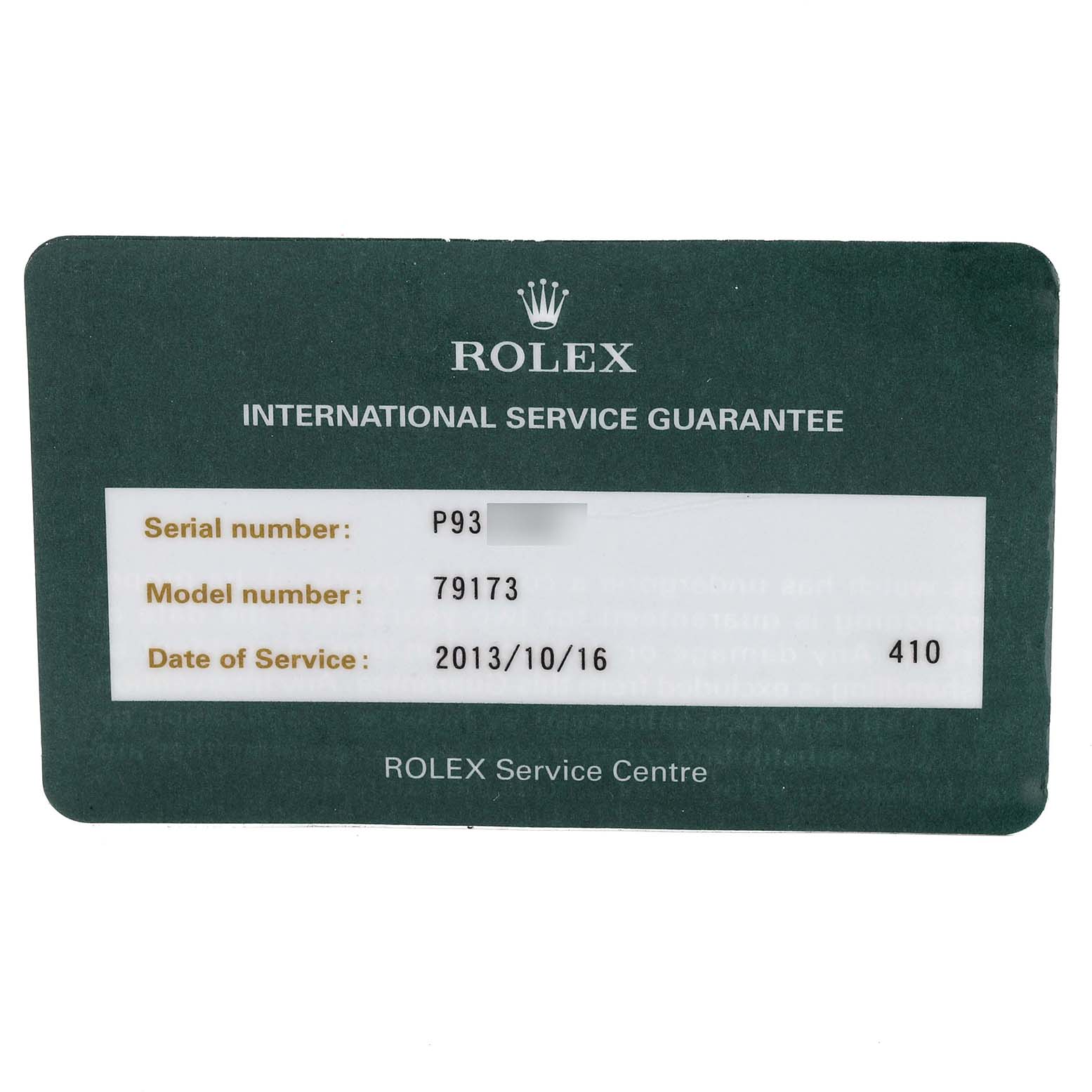 This image shows a Rolex International Service Guarantee card for the Datejust model.