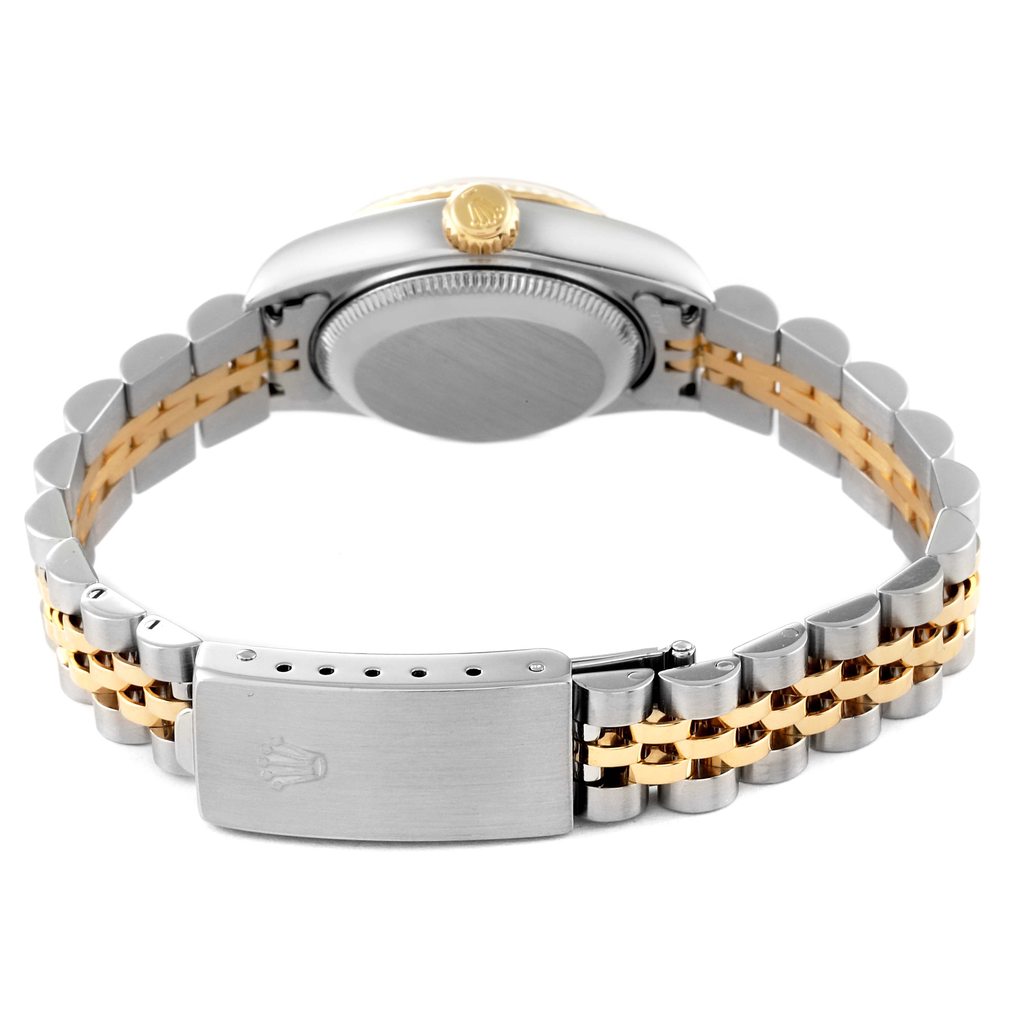 The image shows the backside and bracelet of a Rolex Datejust 79173 Women's Steel and Gold (two tone) Silver Dial 79173 Women's Steel and Gold (two tone) Silver Dial watch, highlighting its two-tone metal links and clasp.
