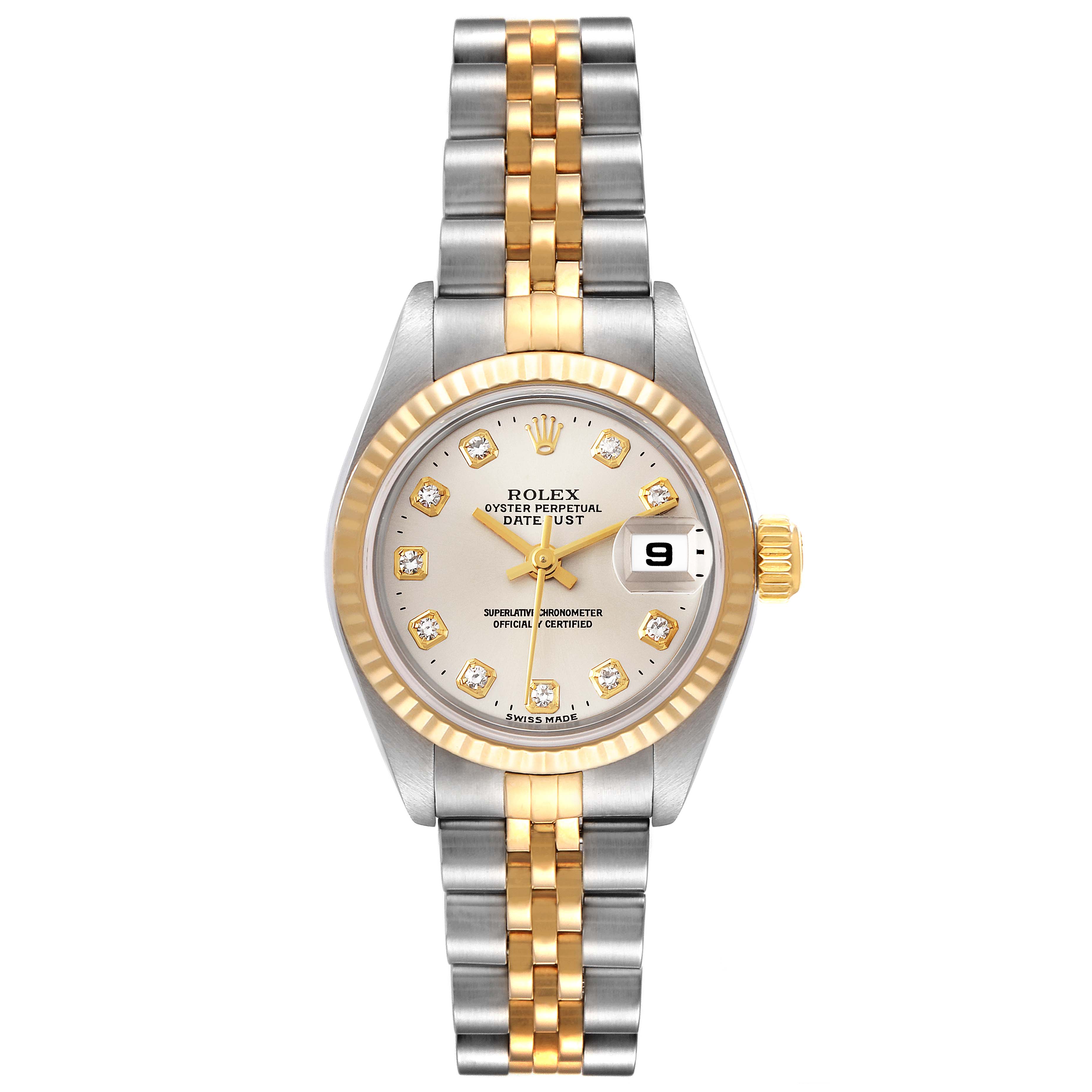 This image shows the front view of a Rolex Datejust 79173 Women's Steel and Gold (two tone) Silver Dial 79173 Women's Steel and Gold (two tone) Silver Dial watch, highlighting its face, dial, bezel, and two-tone bracelet.
