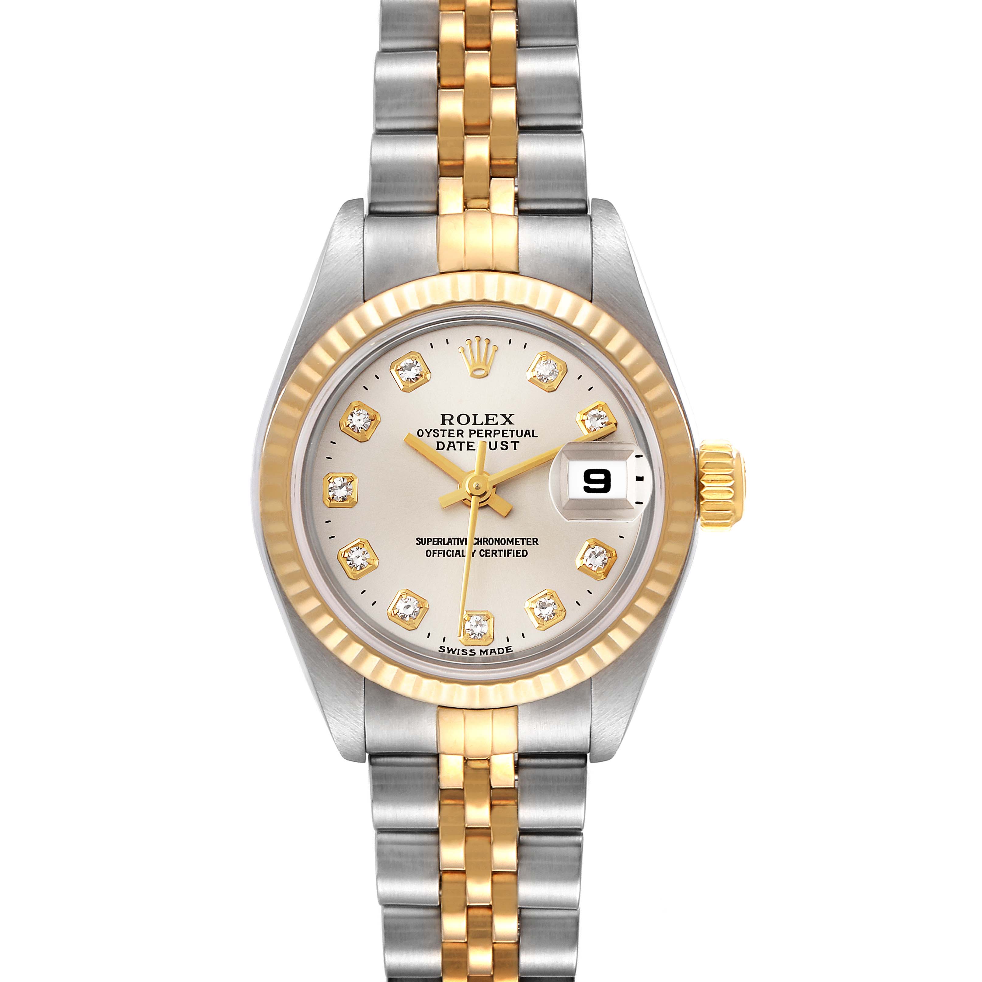 The front view of the Rolex Datejust 79173 Women's Steel and Gold (two tone) Silver Dial 79173 Women's Steel and Gold (two tone) Silver Dial watch displays the face, bezel, crown, and bracelet.