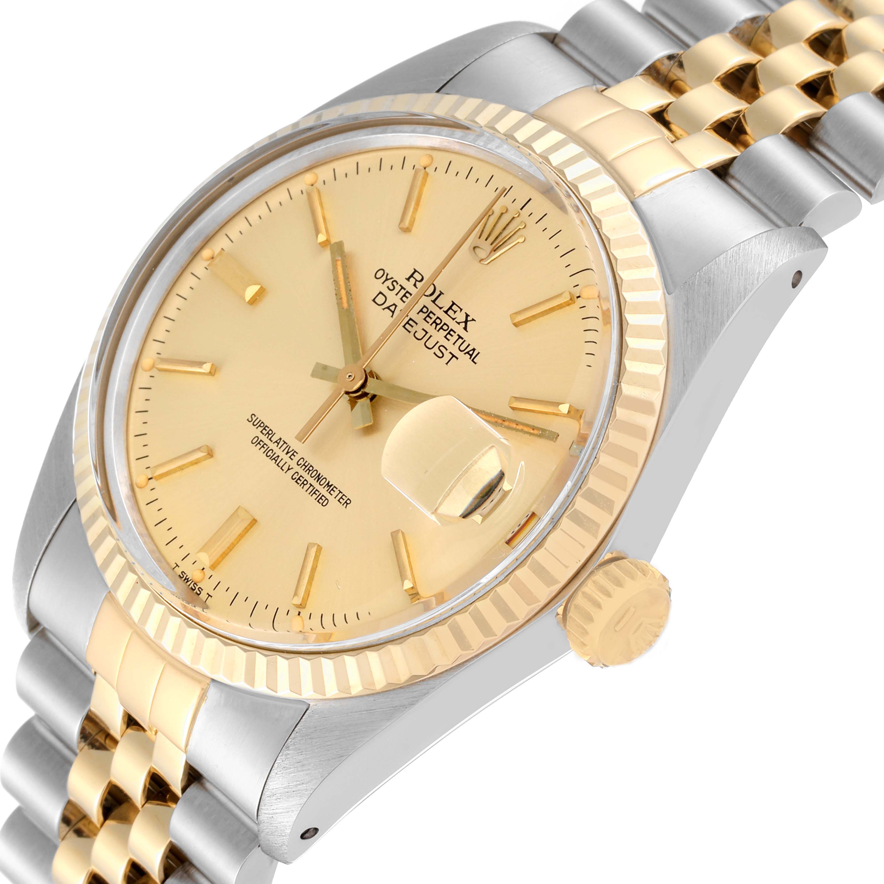 The image shows the Rolex Vintage Collection 16013 Men's Steel and Gold (two tone) Champagne Dial 16013 Men's Steel and Gold (two tone) Champagne Dial watch at an angle, highlighting the dial, crown, and part of the bracelet.