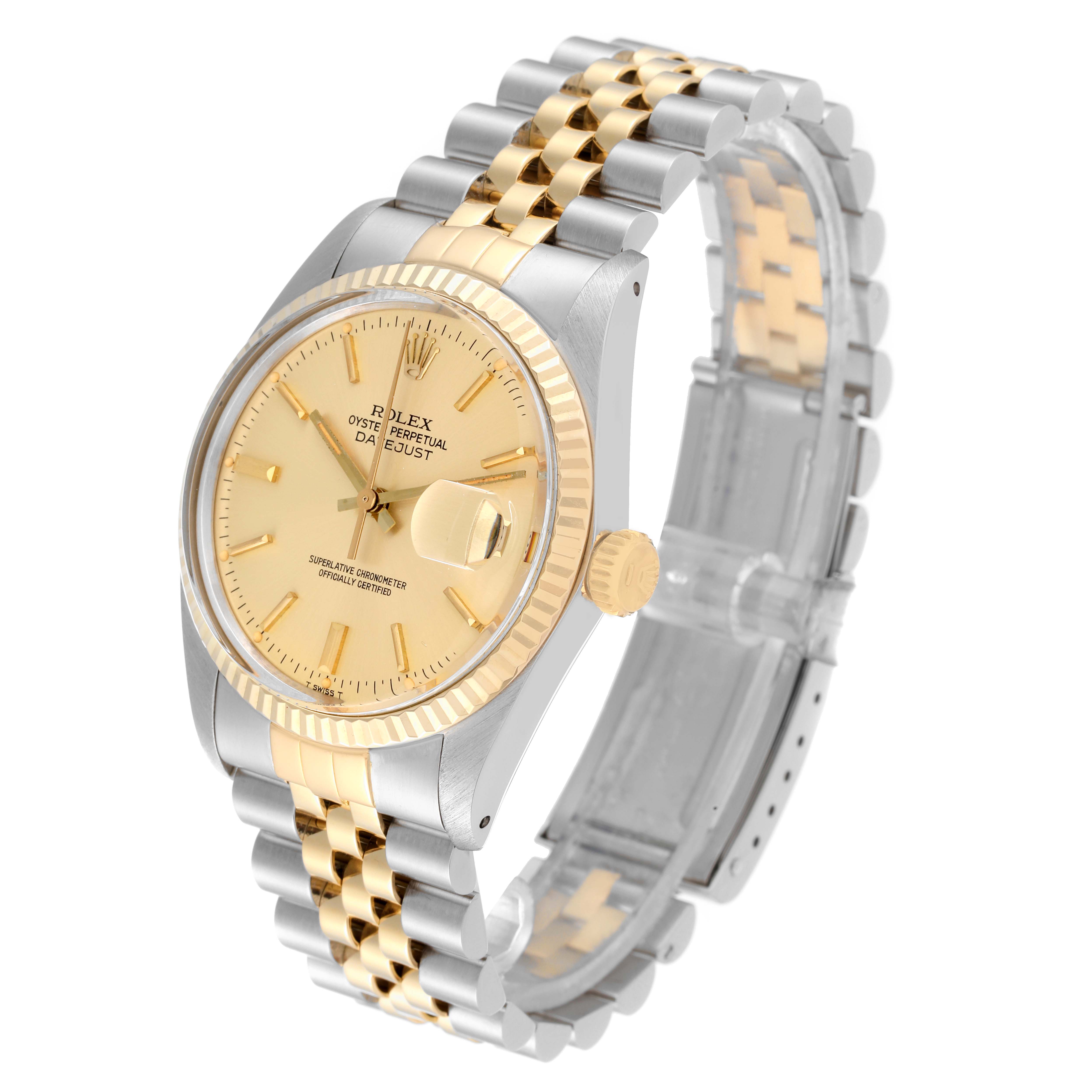The Rolex Vintage Collection 16013 Men's Steel and Gold (two tone) Champagne Dial 16013 Men's Steel and Gold (two tone) Champagne Dial watch is shown at a slight angle, displaying its gold dial, crown, bezel, and two-tone bracelet.