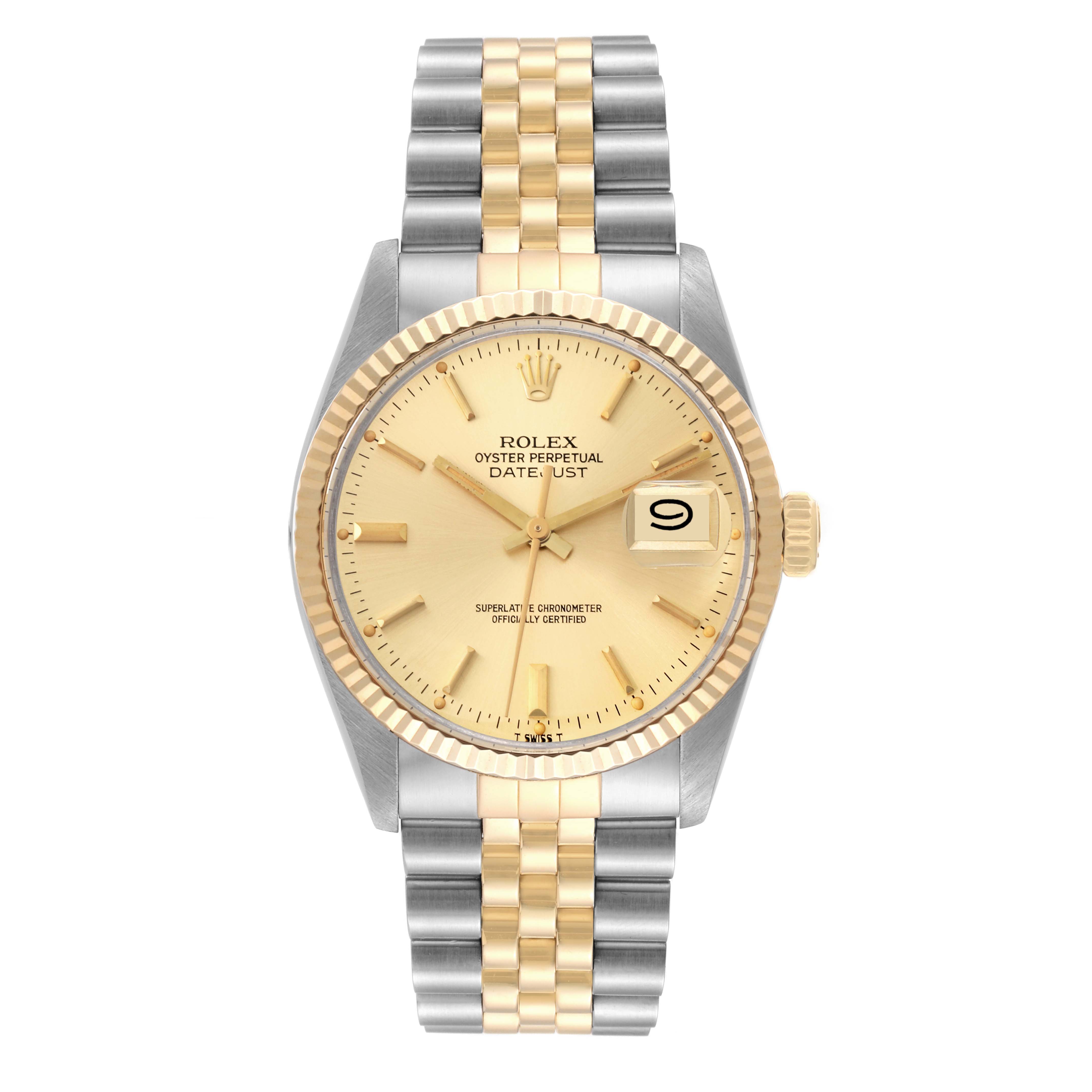 The Rolex Vintage Collection 16013 Men's Steel and Gold (two tone) Champagne Dial 16013 Men's Steel and Gold (two tone) Champagne Dial watch shown is at a frontal angle, highlighting the face, bezel, and two-tone bracelet.