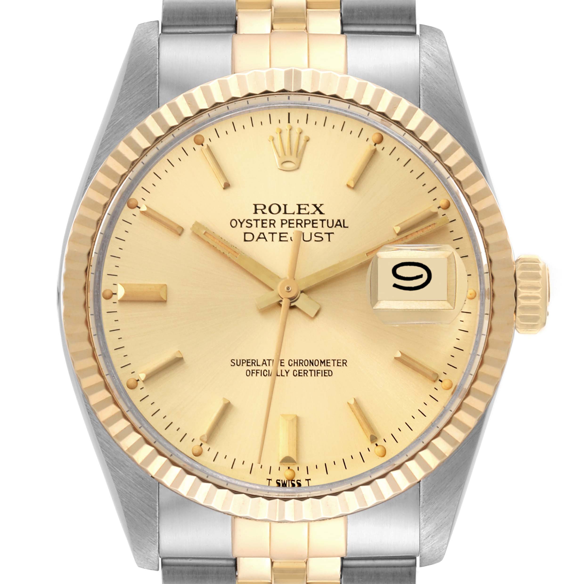 The image displays a front view of a Rolex Vintage Collection 16013 Men's Steel and Gold (two tone) Champagne Dial 16013 Men's Steel and Gold (two tone) Champagne Dial Oyster Perpetual Datejust watch, showing its dial, bezel, and part of the bracelet.
