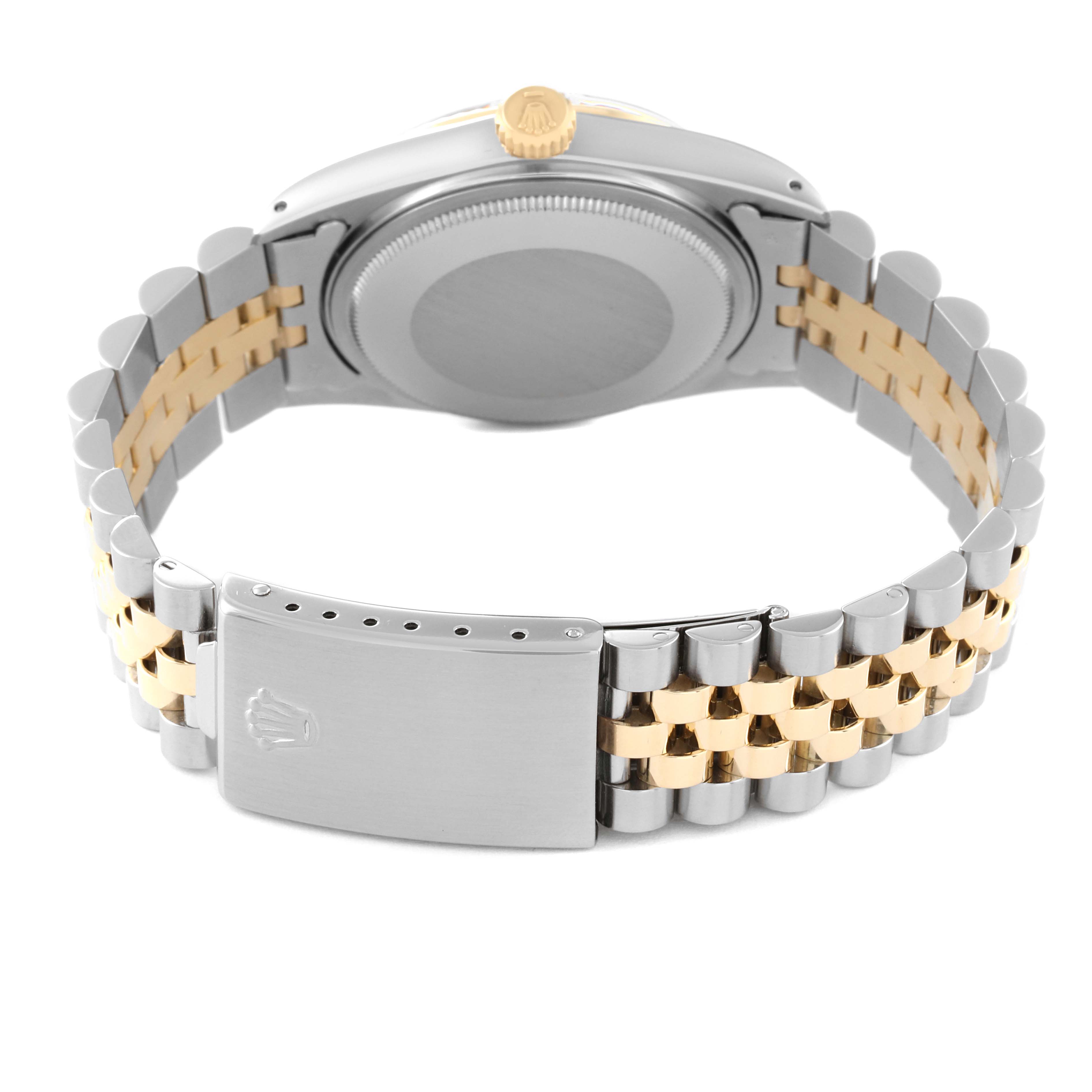 The Vintage Collection Rolex watch is shown from a rear angle, highlighting its clasp, bracelet, and the back of the case.