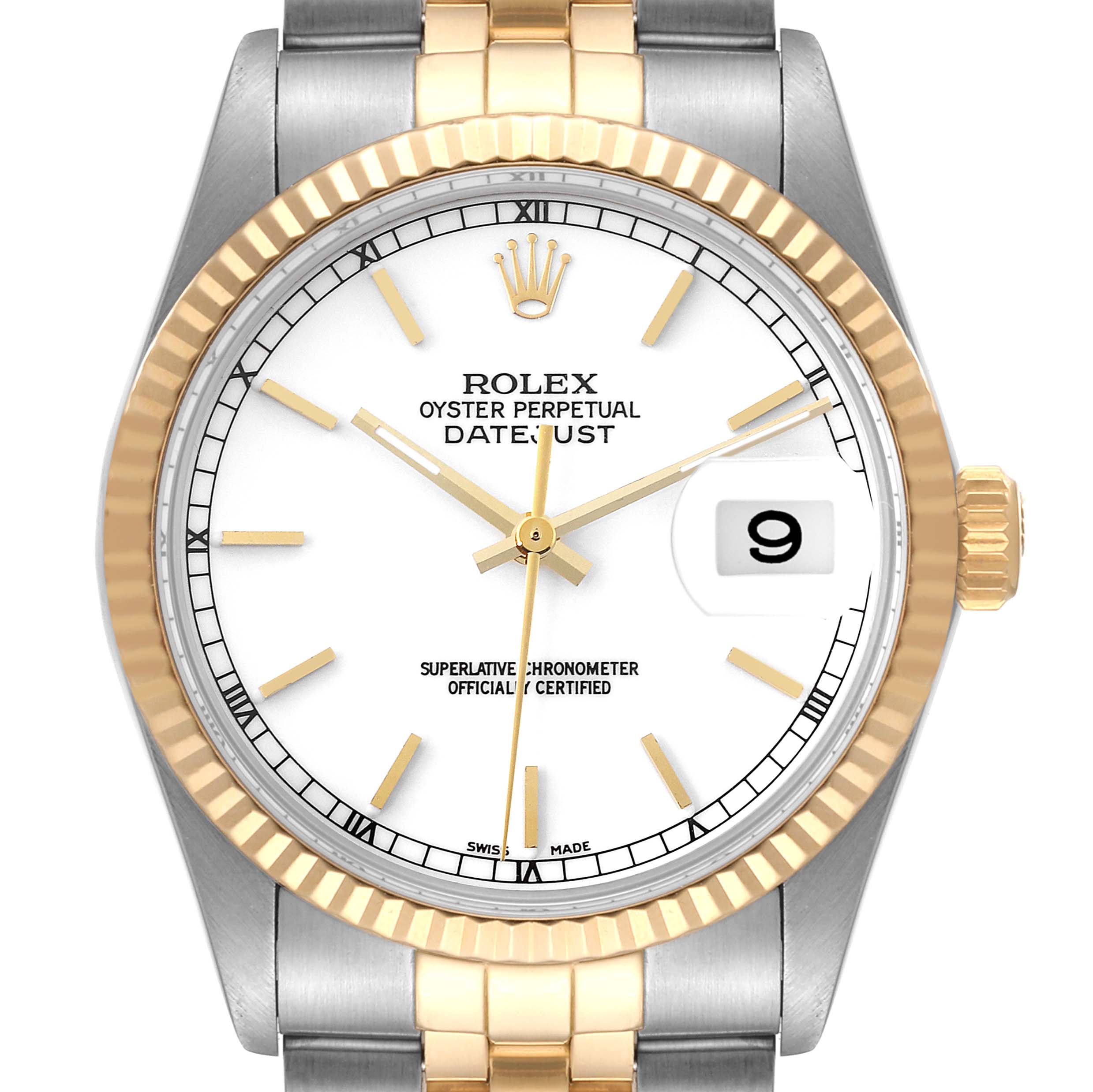 The image shows a front view of a Rolex Vintage Collection 16013 Men's Steel and Gold (two tone) White Dial 16013 Men's Steel and Gold (two tone) White Dial Oyster Perpetual Datejust watch, displaying the dial, bezel, and part of the bracelet.